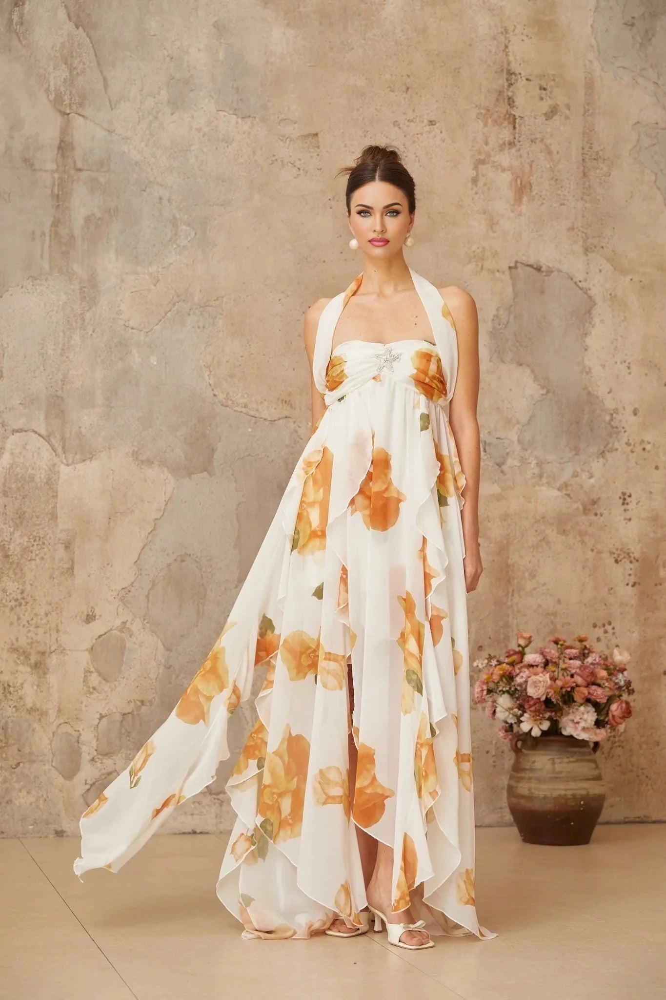 Ivanka Maxi Dress White Floral Ruffle Tulle Crystal Slit & Back Plaque