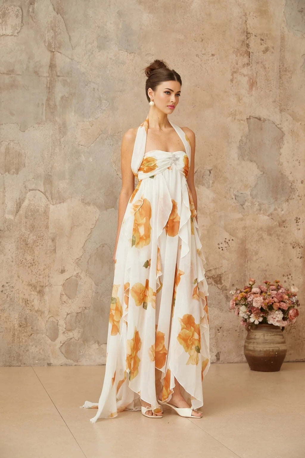 Ivanka Maxi Dress White Floral Ruffle Tulle Crystal Slit & Back Plaque