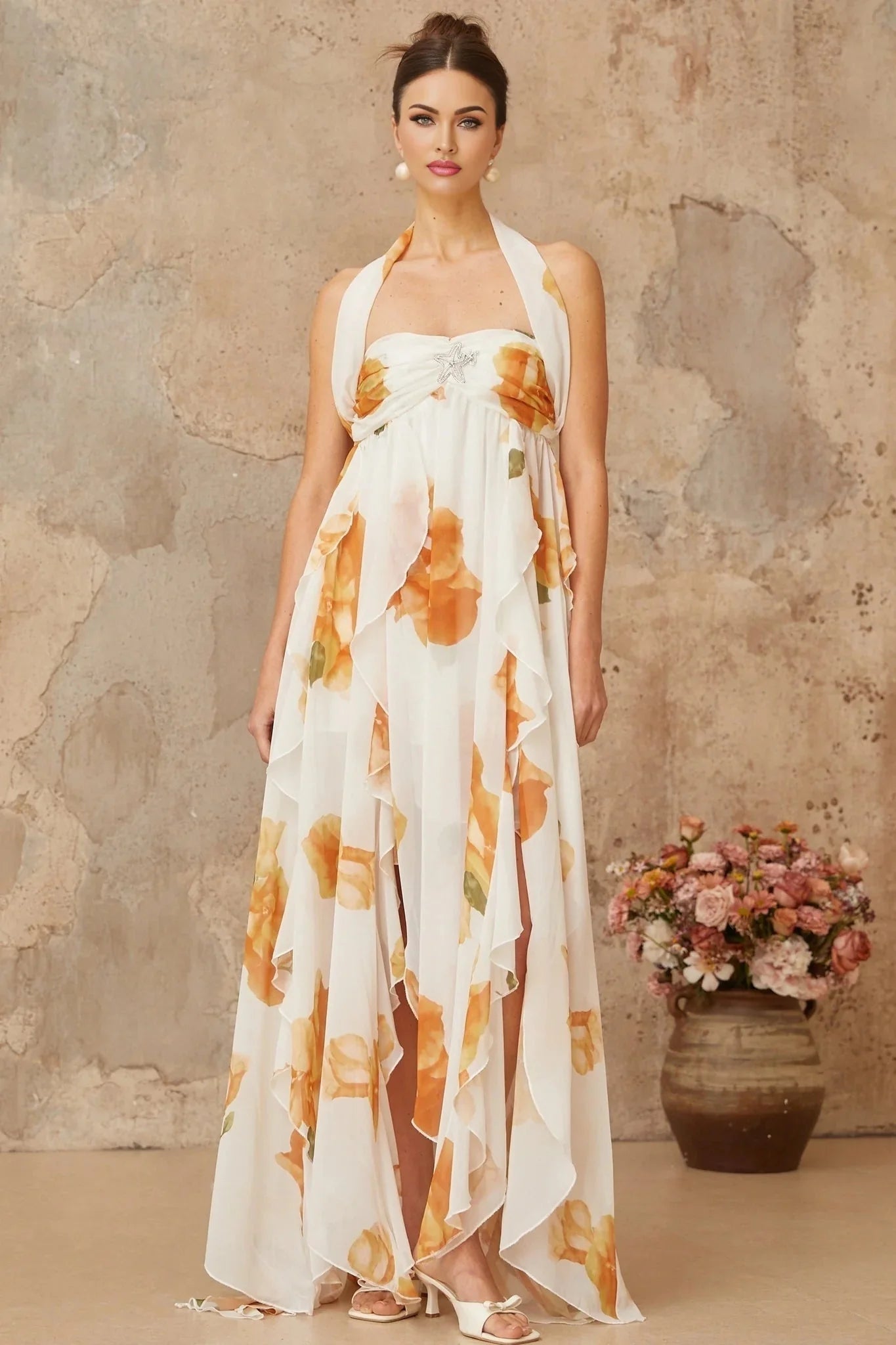 Ivanka Maxi Dress White Floral Ruffle Tulle Crystal Slit & Back Plaque