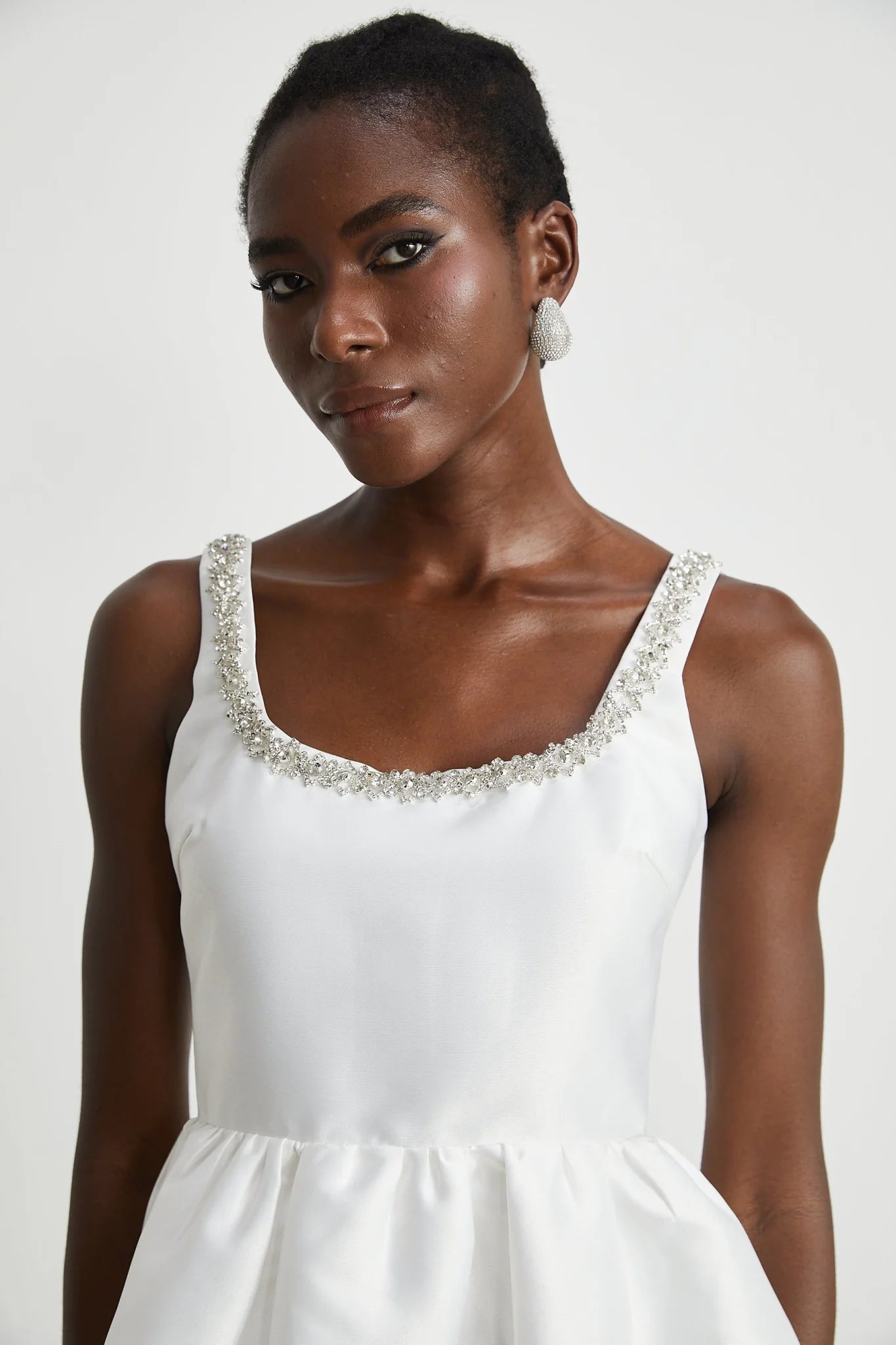 Ivanka Mini Dress Crystal Embellished Square Neck White