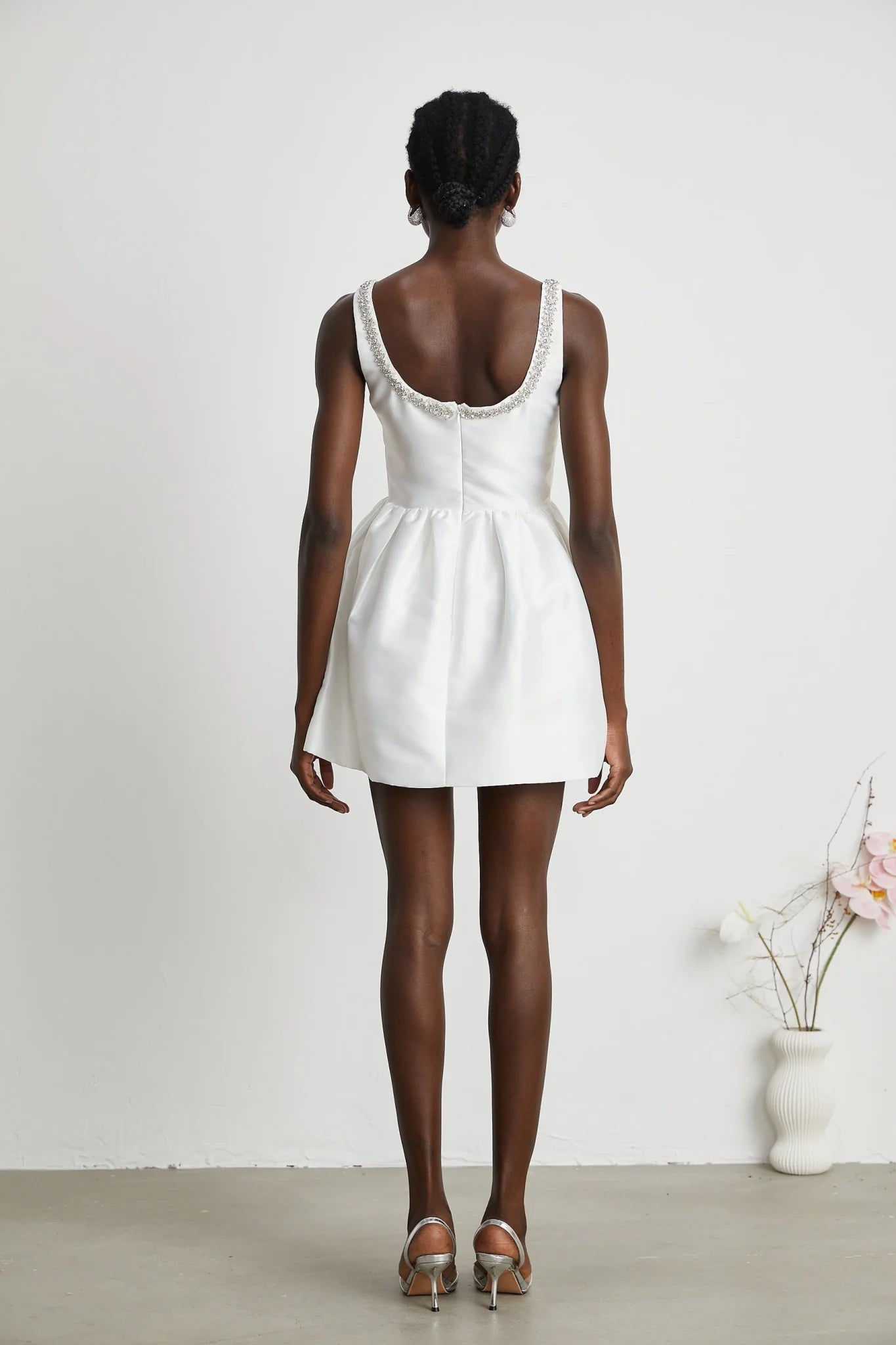 Ivanka Mini Dress Crystal Embellished Square Neck White