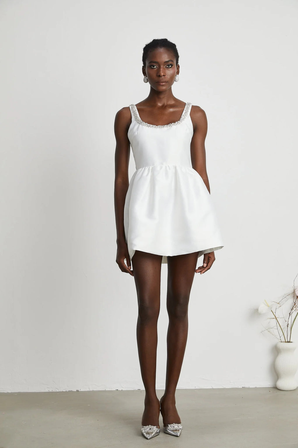 Ivanka Mini Dress Crystal Embellished Square Neck White