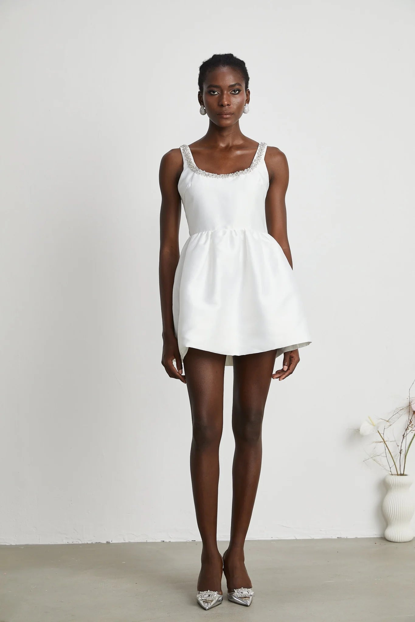 Ivanka Mini Dress Crystal Embellished Square Neck White