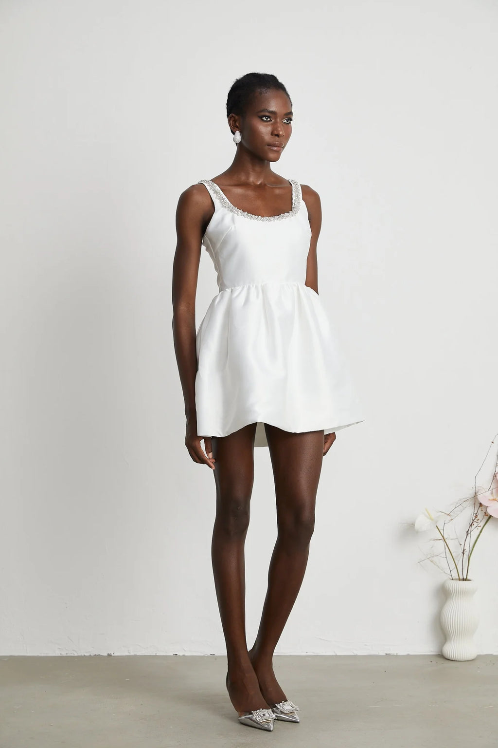 Ivanka Mini Dress Crystal Embellished Square Neck White