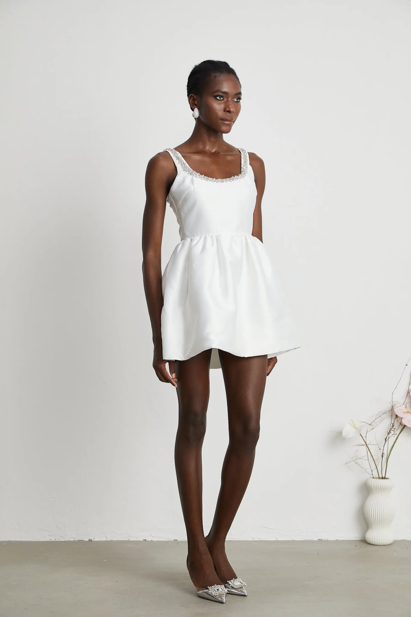 Ivanka Mini Dress Crystal Embellished Square Neck White