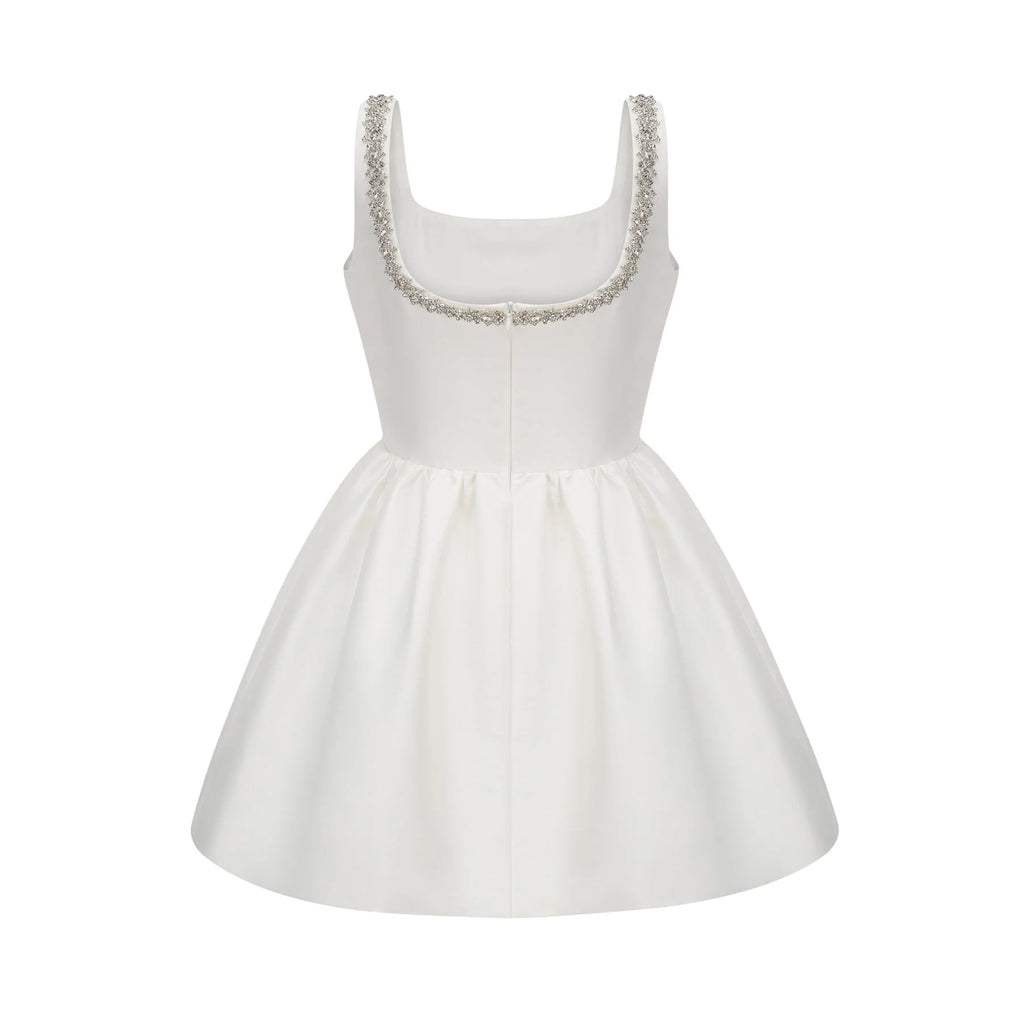 Ivanka Mini Dress Crystal Embellished Square Neck White
