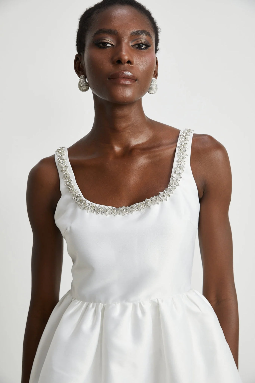 Ivanka Mini Dress Crystal Embellished Square Neck White