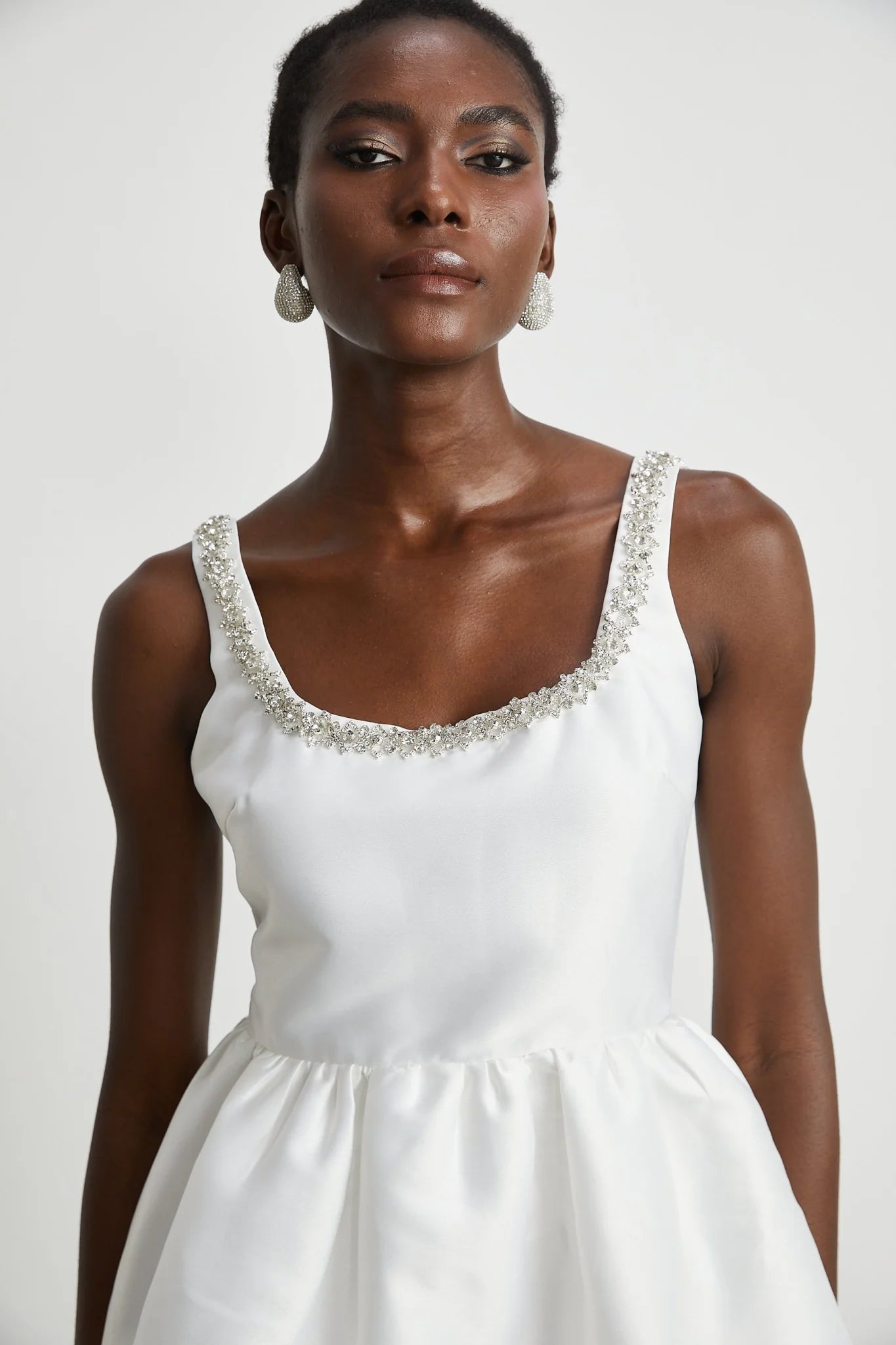 Ivanka Mini Dress Crystal Embellished Square Neck White