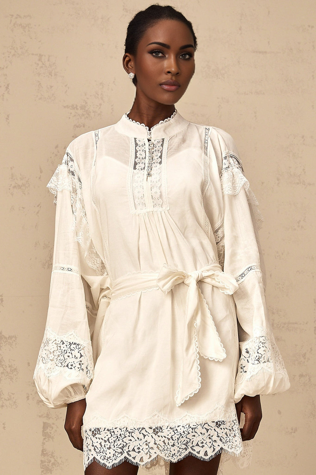 Ivanka Mini Dress White Floral Lace Ruffle Bow Trim