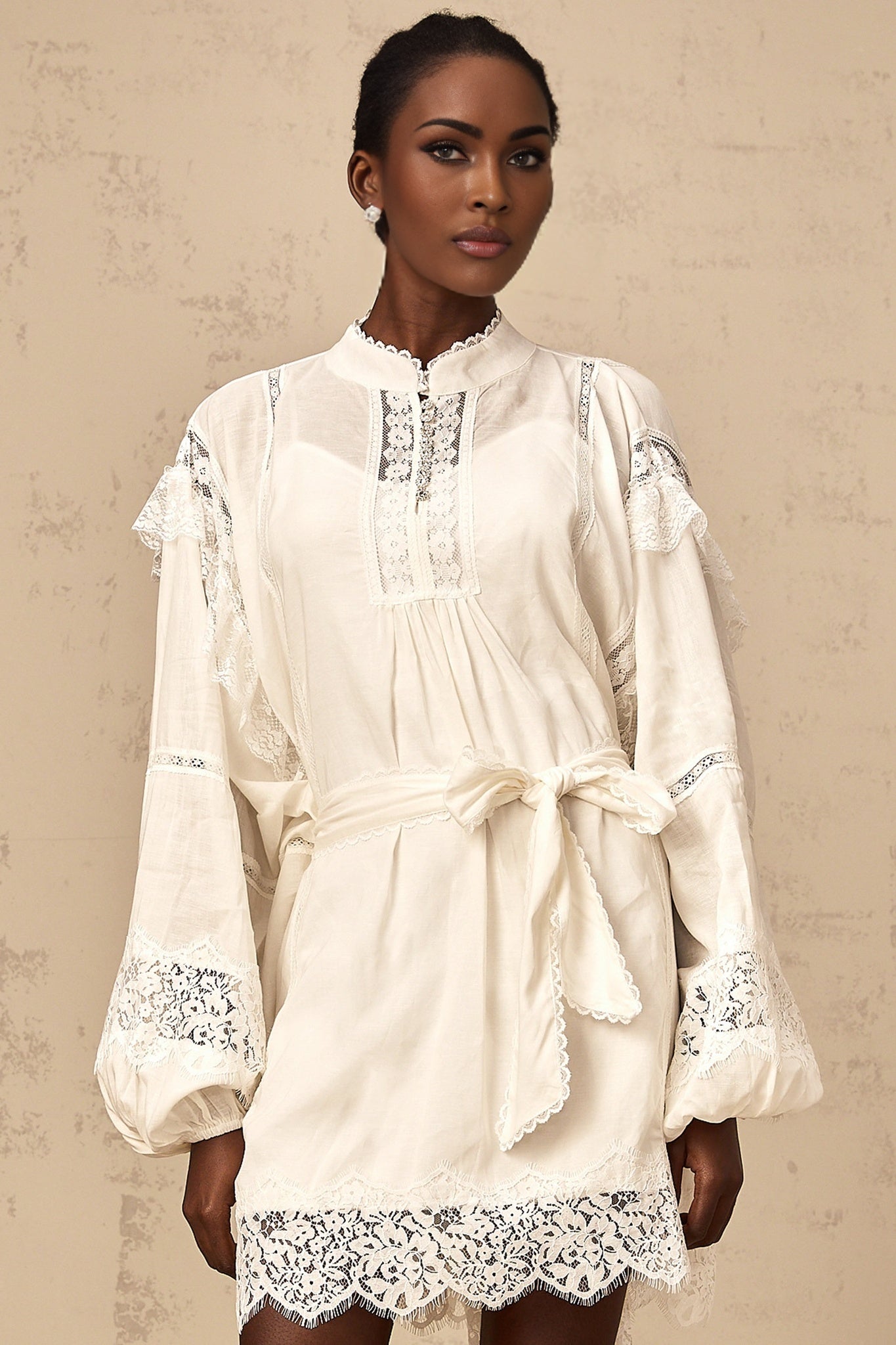 Ivanka Mini Dress White Floral Lace Ruffle Bow Trim