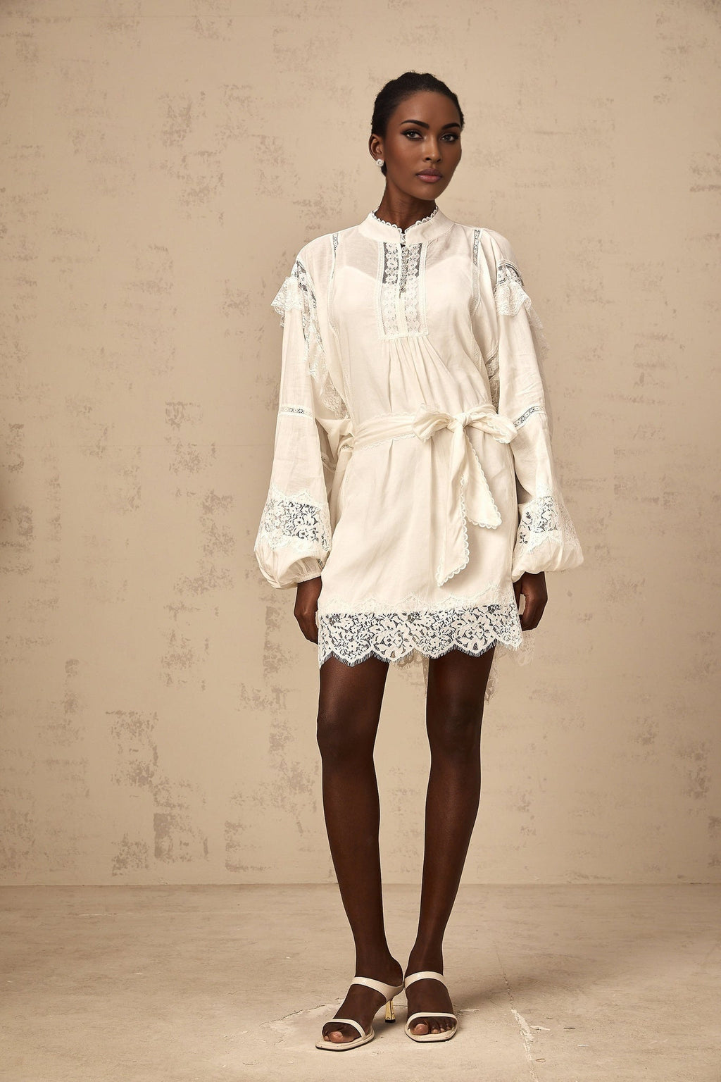 Ivanka Mini Dress White Floral Lace Ruffle Bow Trim
