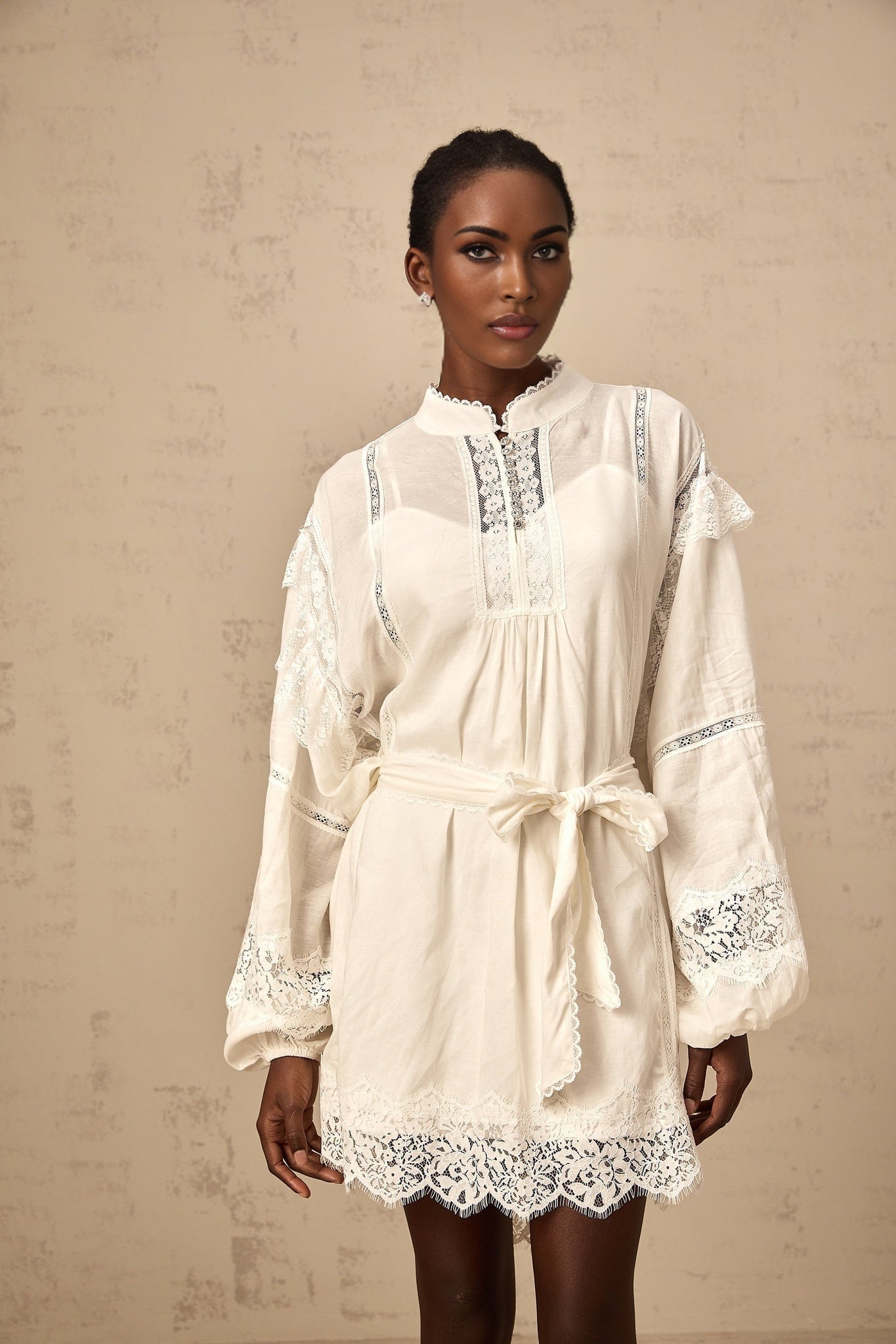 Ivanka Mini Dress White Floral Lace Ruffle Bow Trim