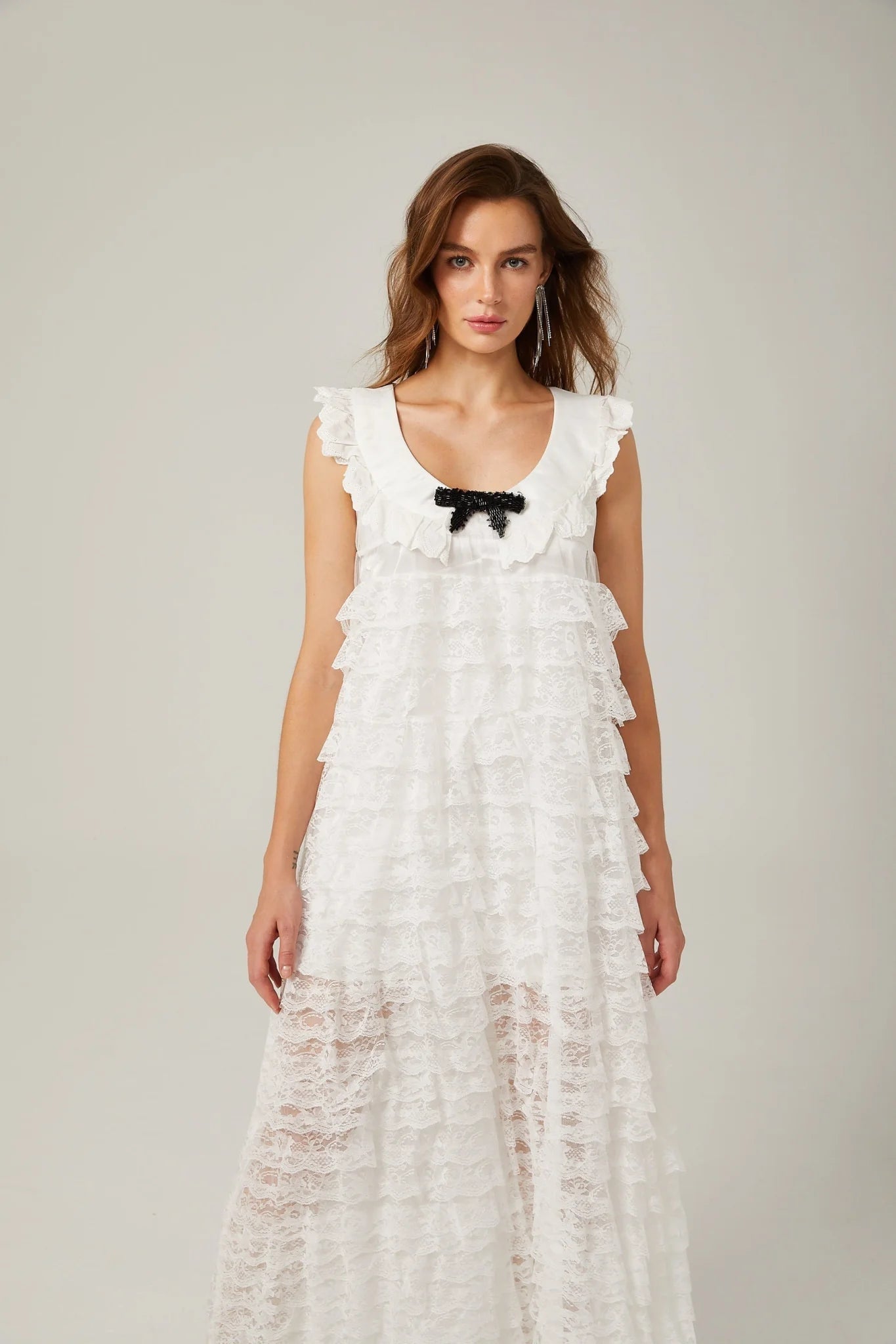 Ivanna Midi Dress White Lace Trim Tiered Ruffles Bowknot Zip Fastening
