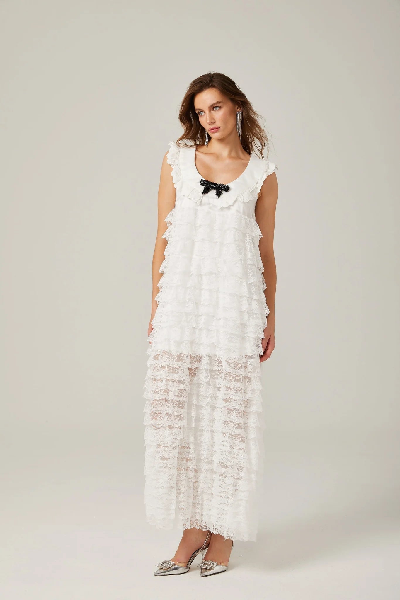 Ivanna Midi Dress White Lace Trim Tiered Ruffles Bowknot Zip Fastening