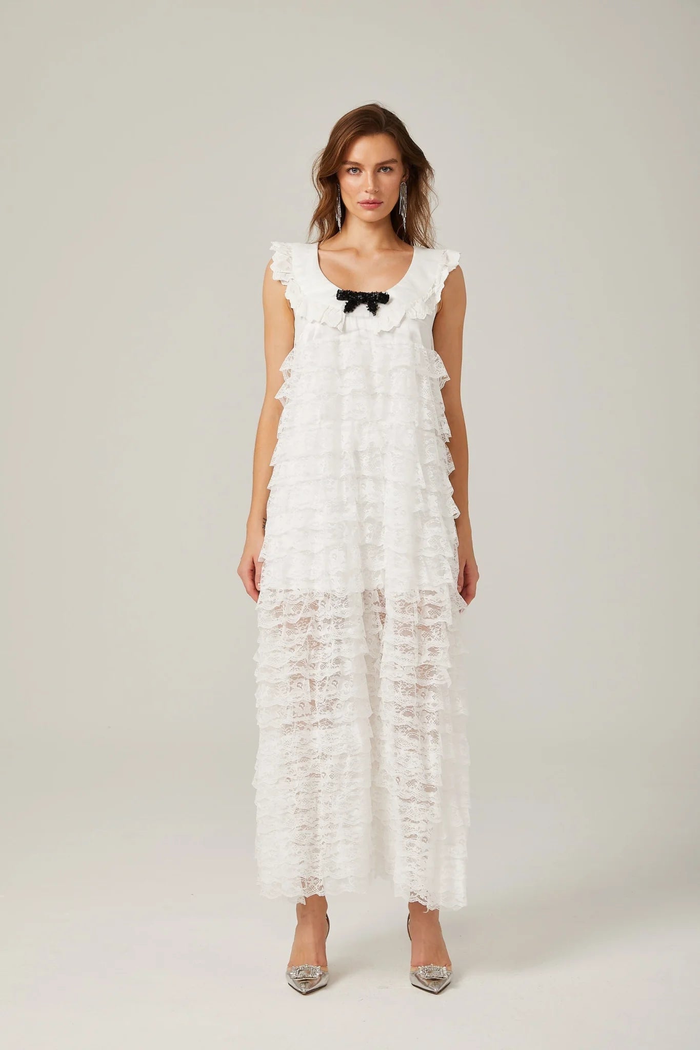 Ivanna Midi Dress White Lace Trim Tiered Ruffles Bowknot Zip Fastening