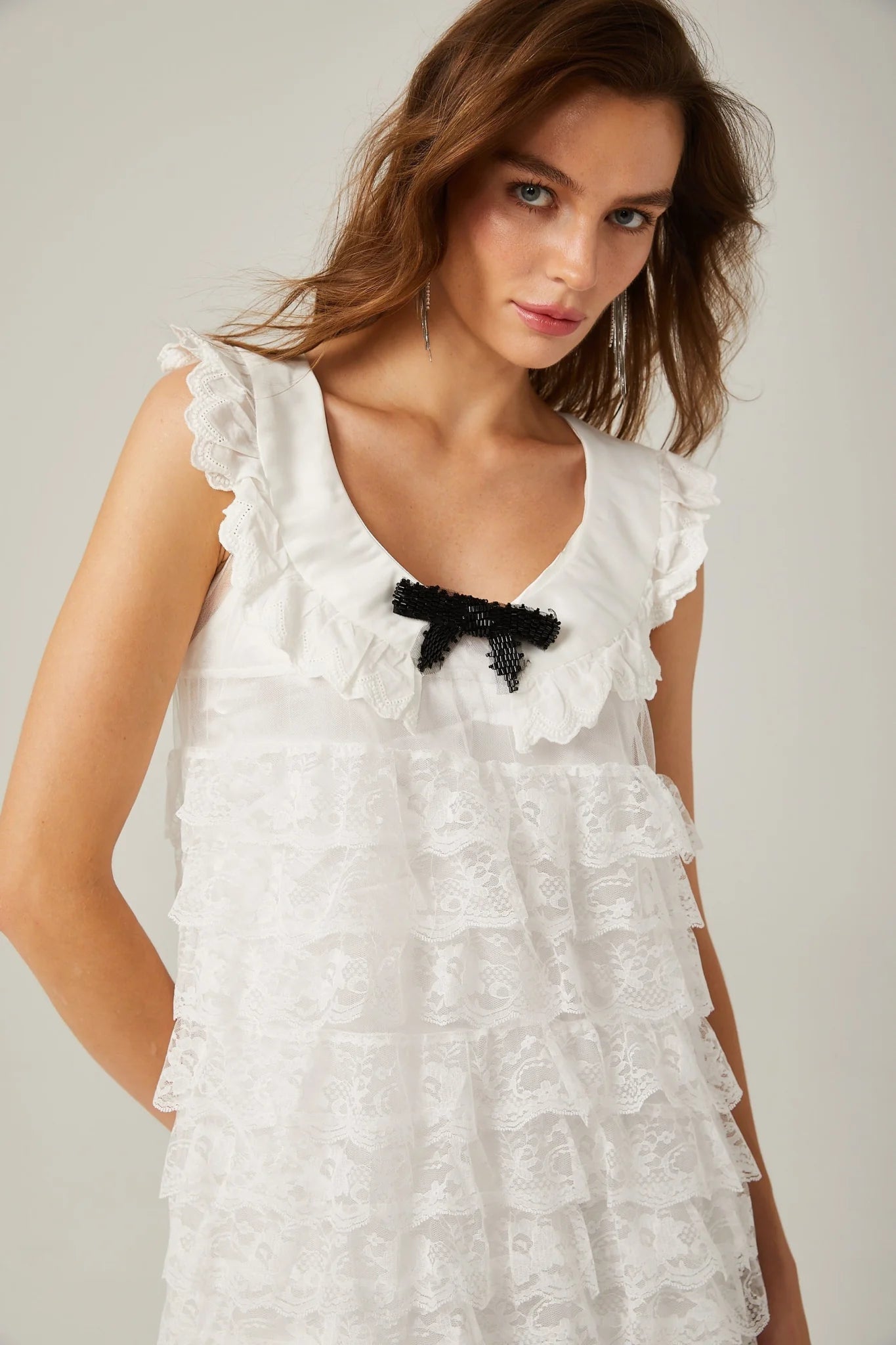 Ivanna Midi Dress White Lace Trim Tiered Ruffles Bowknot Zip Fastening