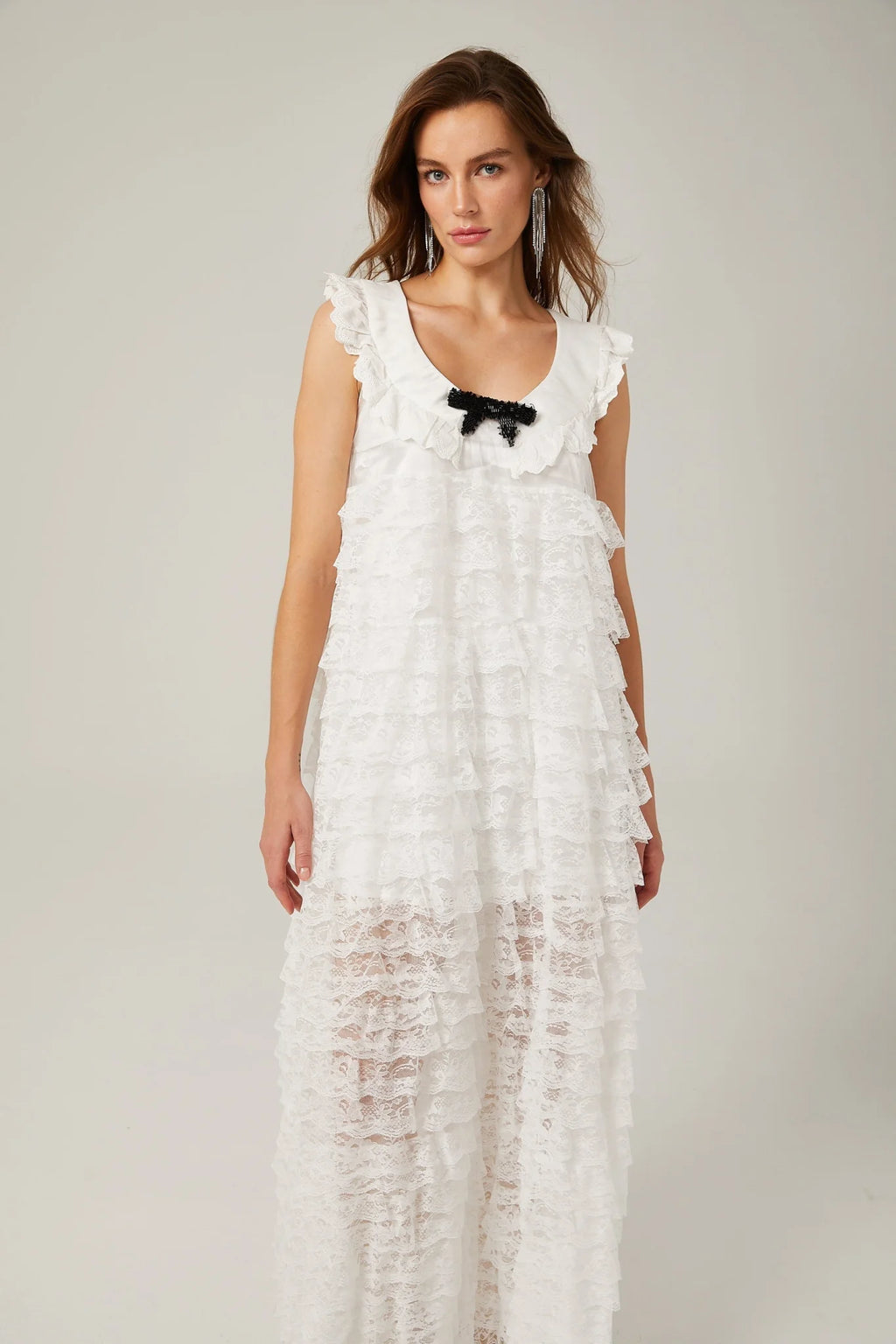Ivanna Midi Dress White Lace Trim Tiered Ruffles Bowknot Zip Fastening