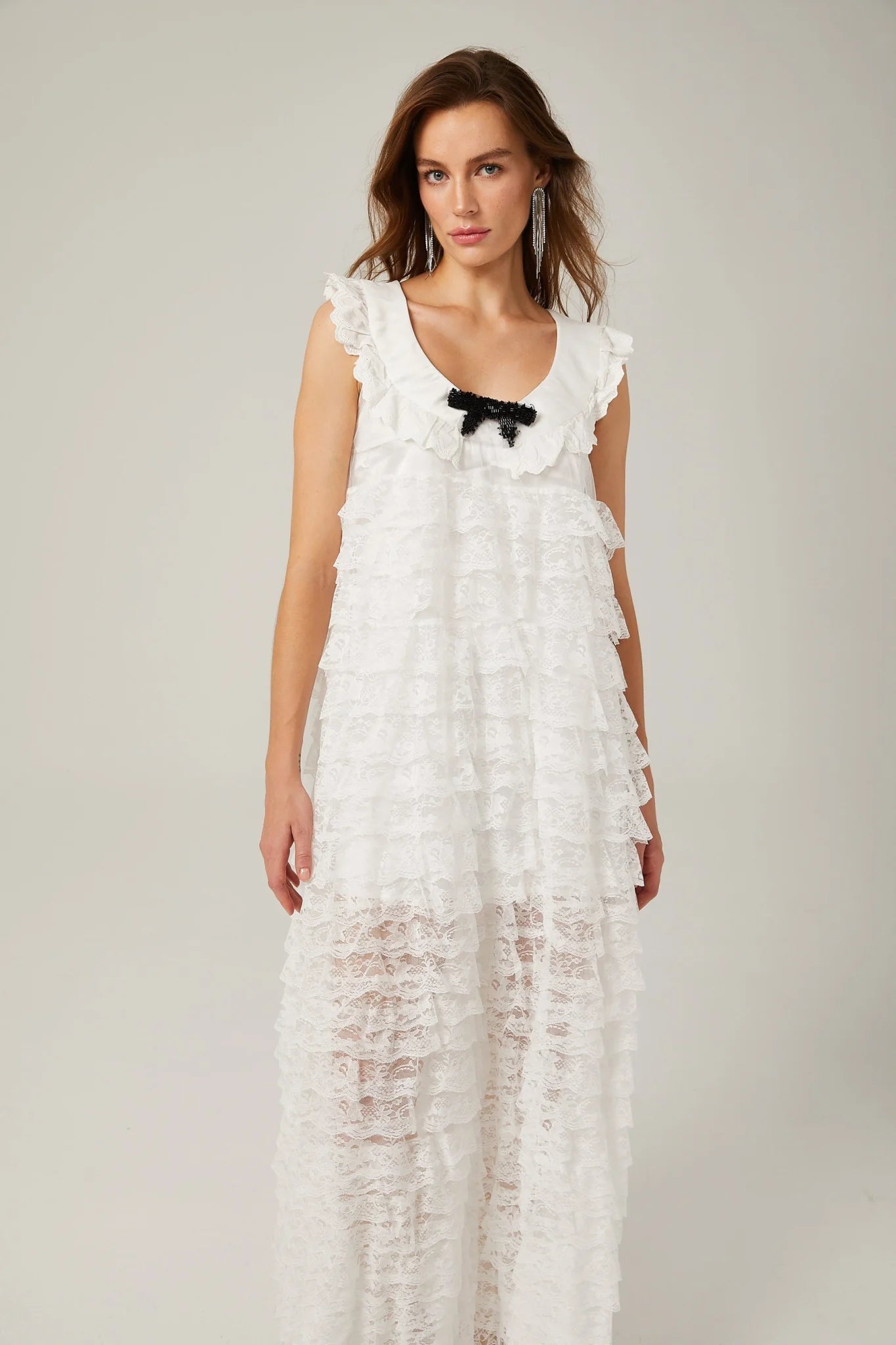 Ivanna Midi Dress White Lace Trim Tiered Ruffles Bowknot Zip Fastening