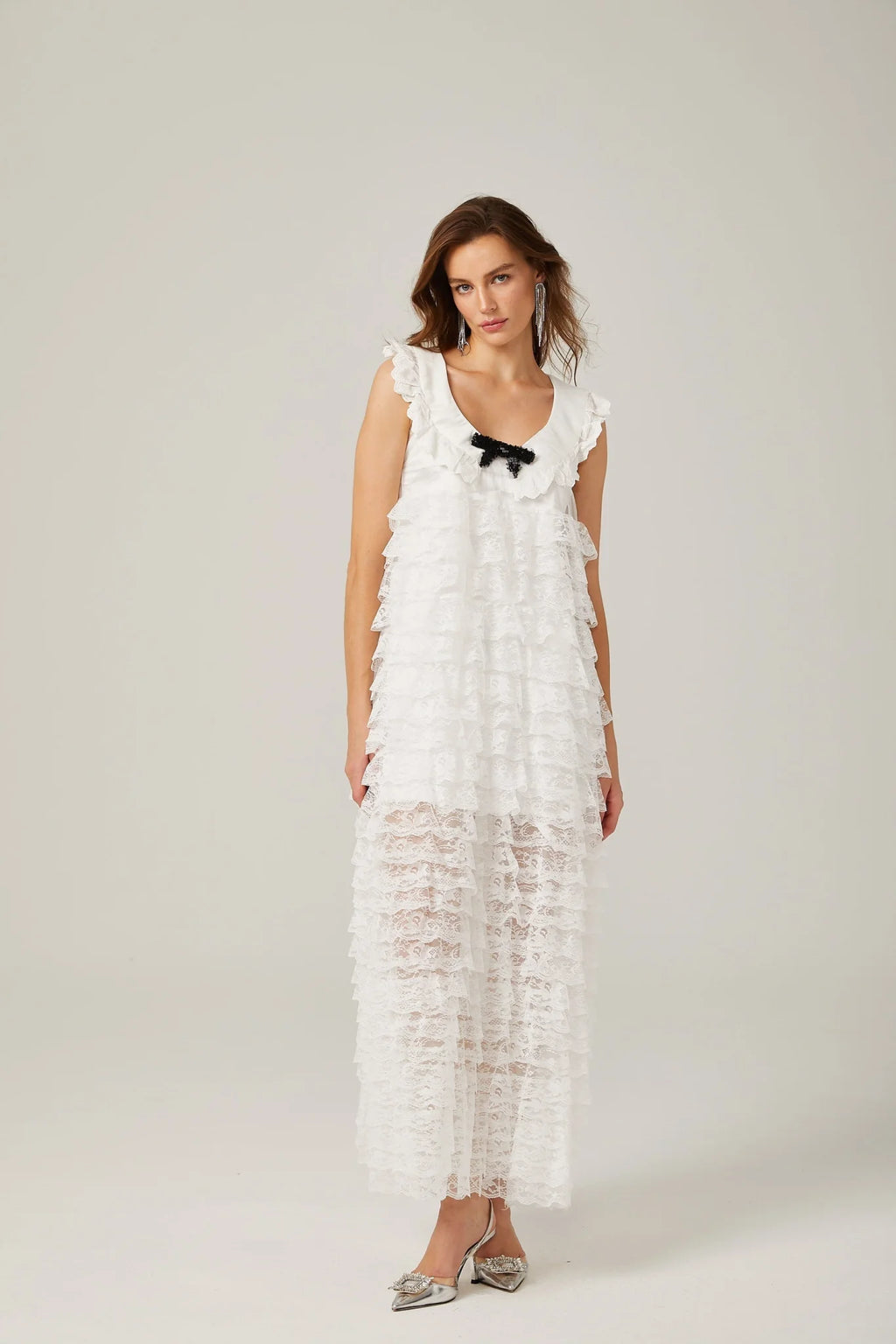 Ivanna Midi Dress White Lace Trim Tiered Ruffles Bowknot Zip Fastening