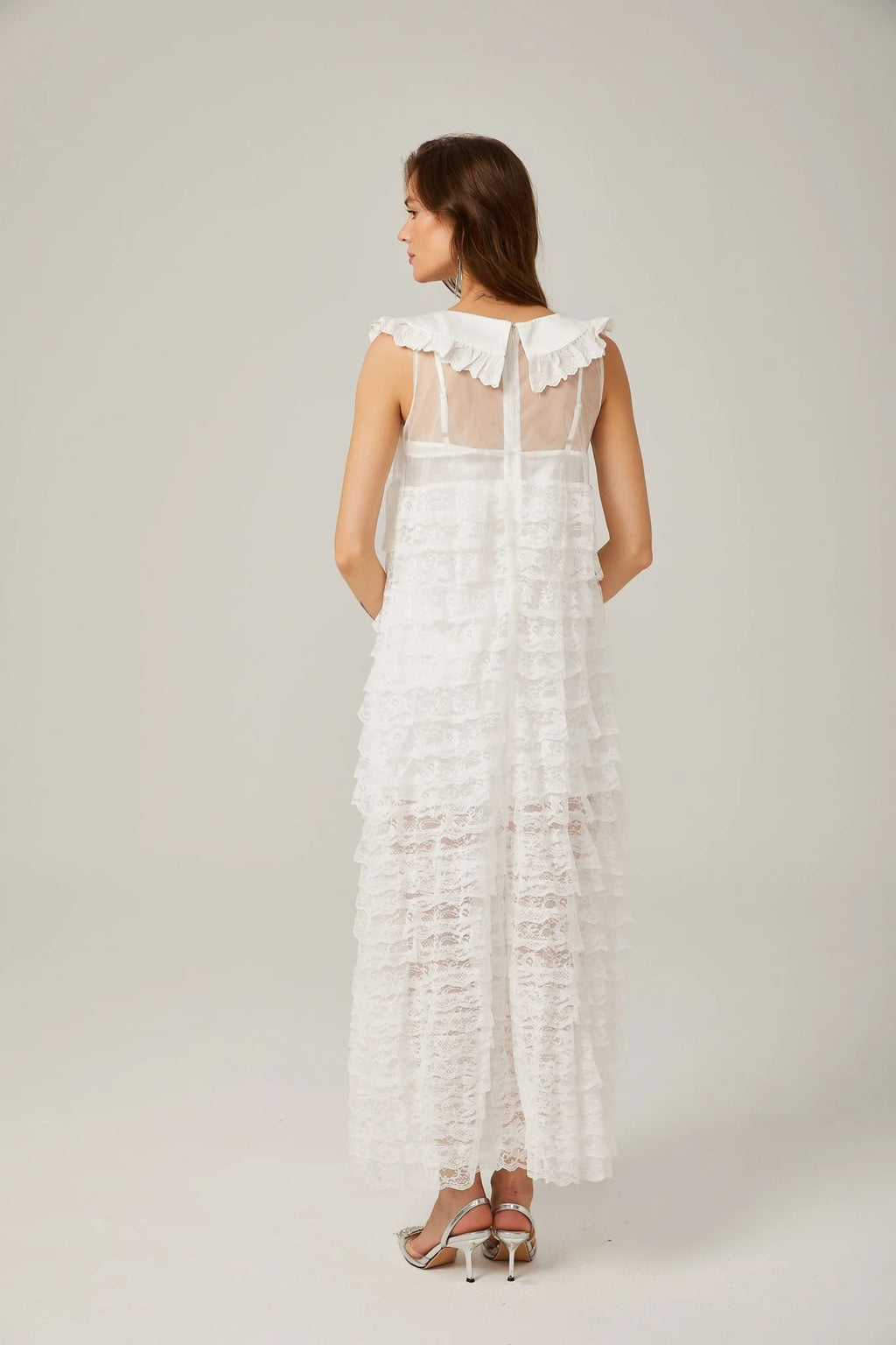 Ivanna Midi Dress White Lace Trim Tiered Ruffles Bowknot Zip Fastening