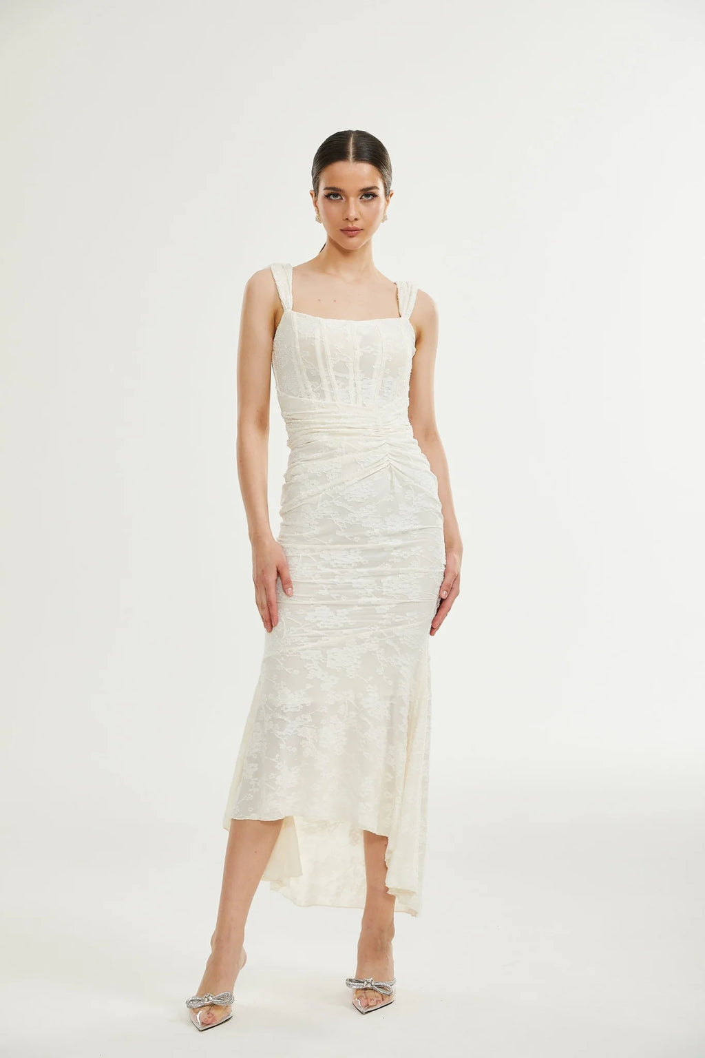 Ivory Jacquard Maxi Dress With Corset Detail