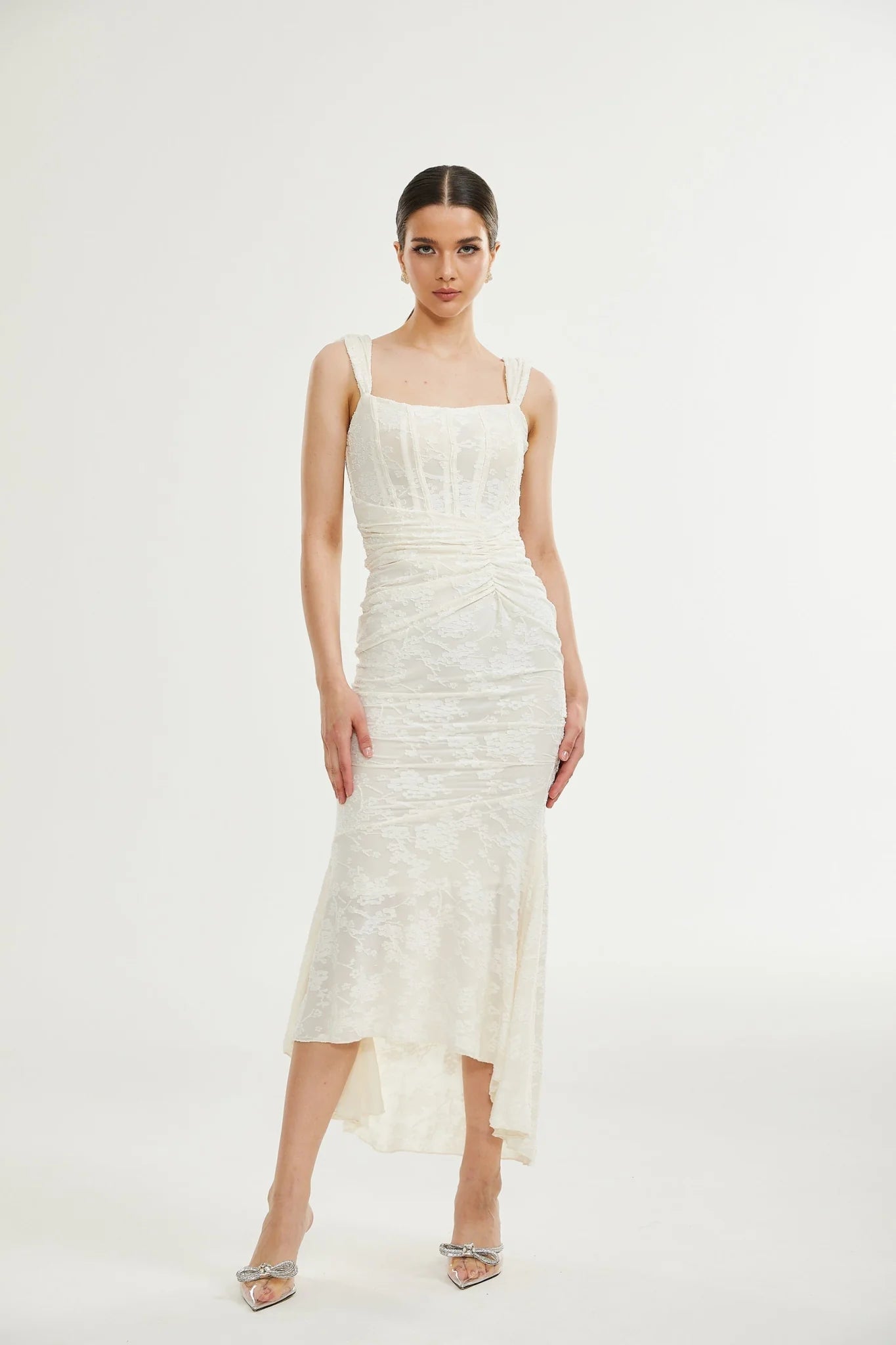Ivory Jacquard Maxi Dress With Corset Detail