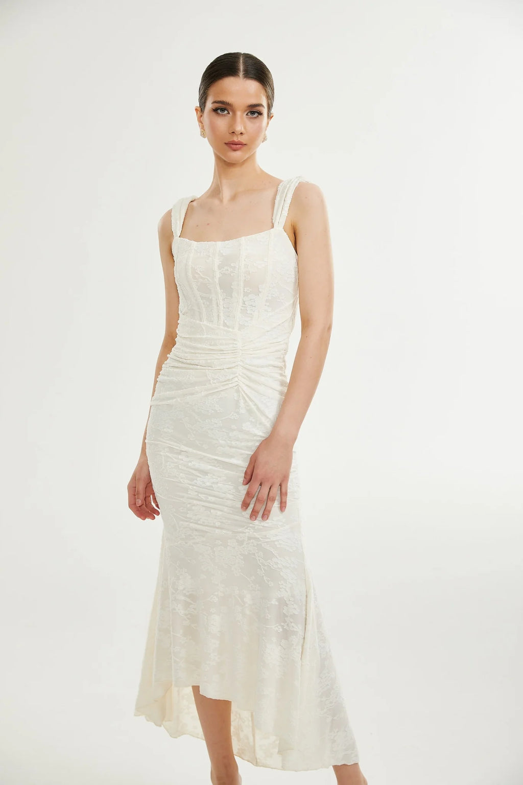 Ivory Jacquard Maxi Dress With Corset Detail