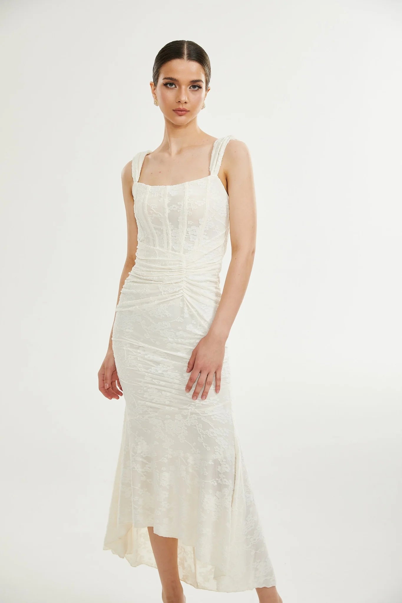Ivory Jacquard Maxi Dress With Corset Detail