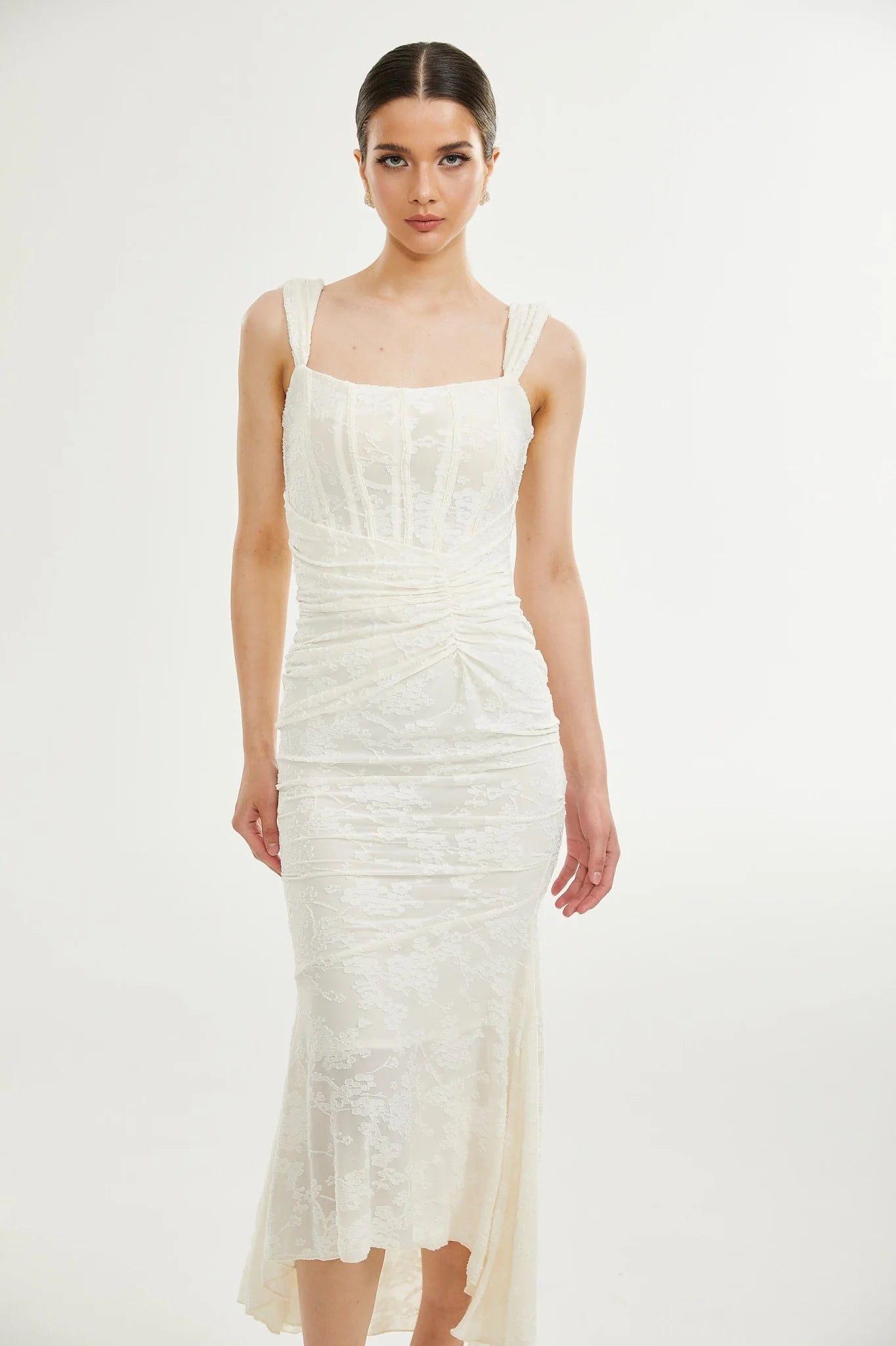 Ivory Jacquard Maxi Dress With Corset Detail