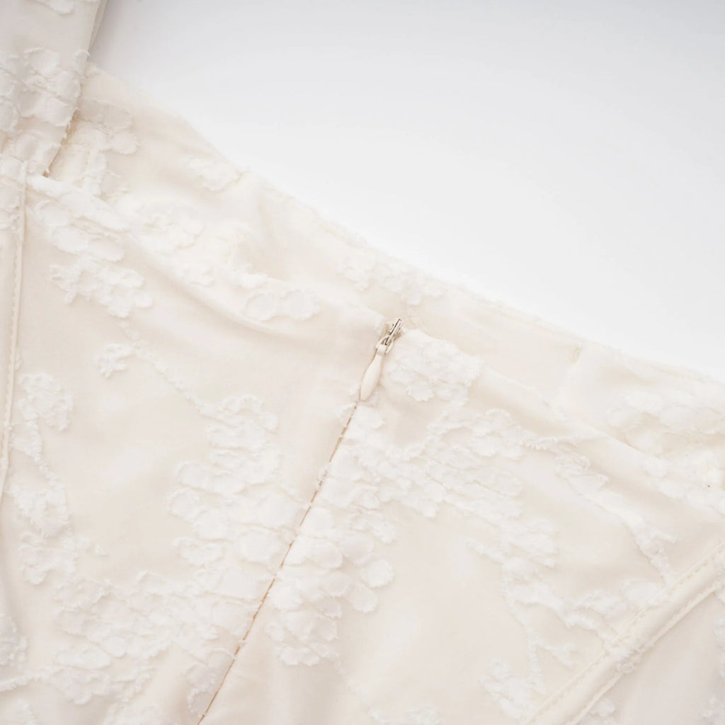 Ivory Maxi Dress - Spaghetti Straps - Square Neck - Corset Style - Gathered Detailing - Jacquard Fabric