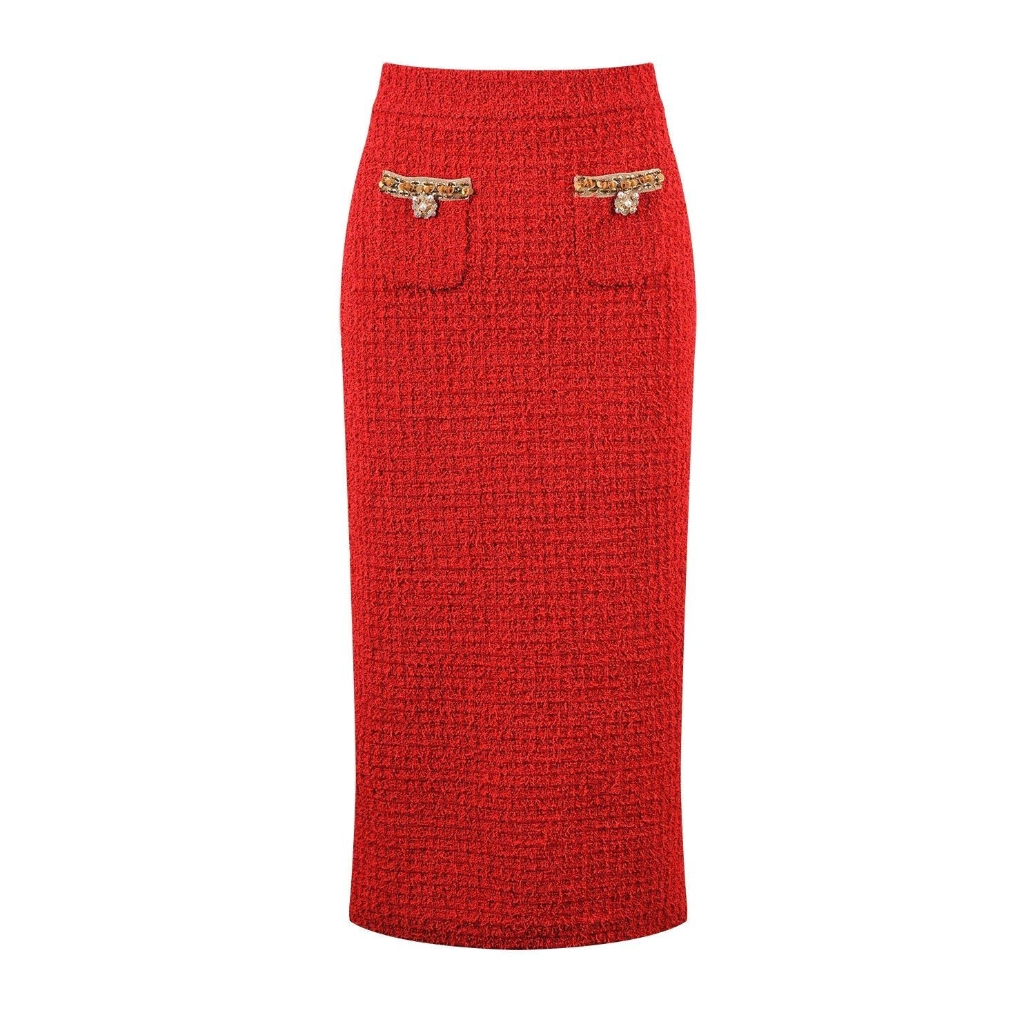 Jacket & Skirt Set - Elegant Tweed Texture - Embellishments - Figure - Flattering Fit - Sophisticated