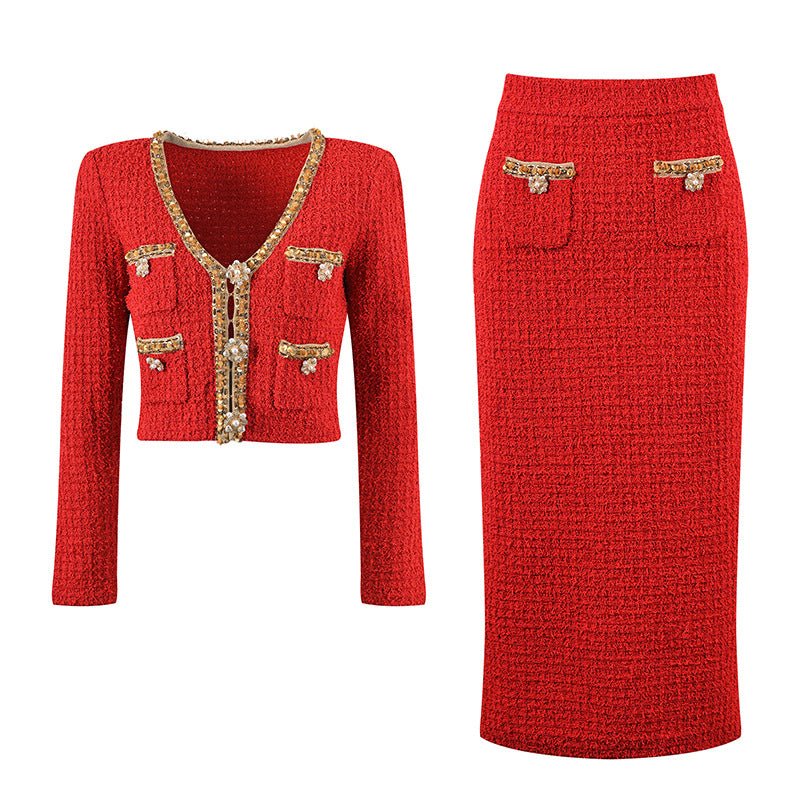 Jacket & Skirt Set - Elegant Tweed Texture - Embellishments - Figure - Flattering Fit - Sophisticated