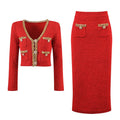 Jacket & Skirt Set - Elegant Tweed Texture - Embellishments - Figure - Flattering Fit - Sophisticated