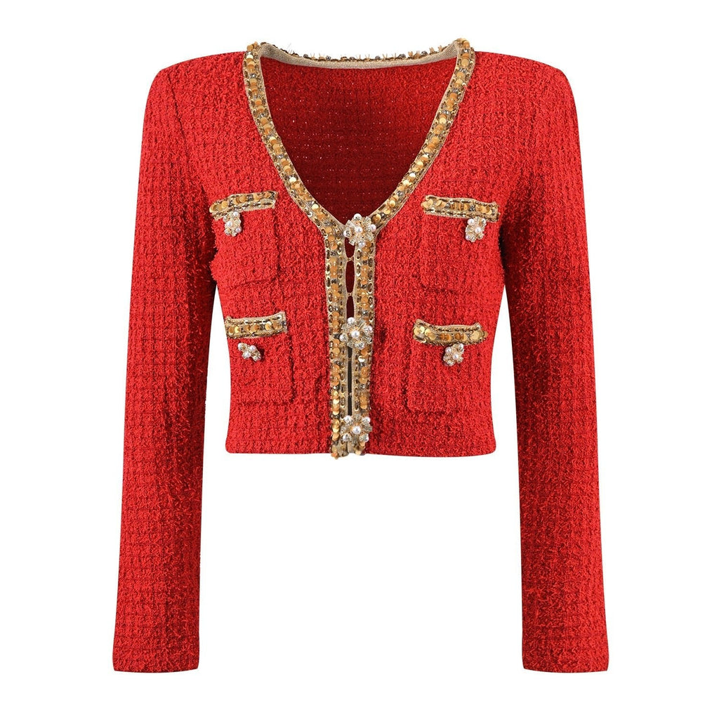 Jacket & Skirt Set - Elegant Tweed Texture - Embellishments - Figure - Flattering Fit - Sophisticated
