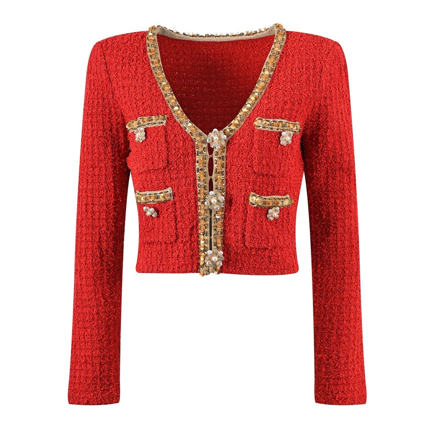 Jacket & Skirt Set - Elegant Tweed Texture - Embellishments - Figure - Flattering Fit - Sophisticated