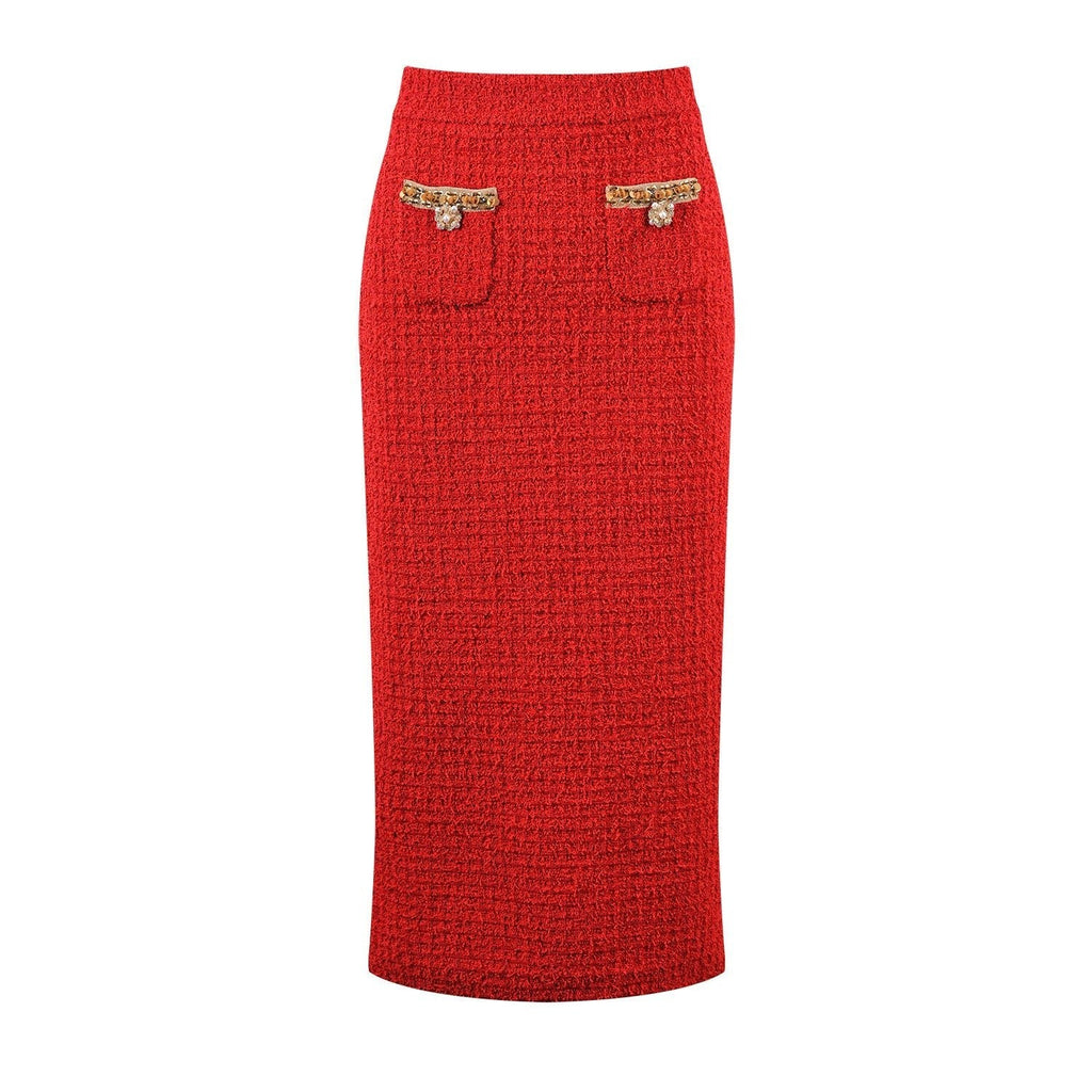 Jacket & Skirt Set - Elegant Tweed Texture - Embellishments - Figure - Flattering Fit - Sophisticated
