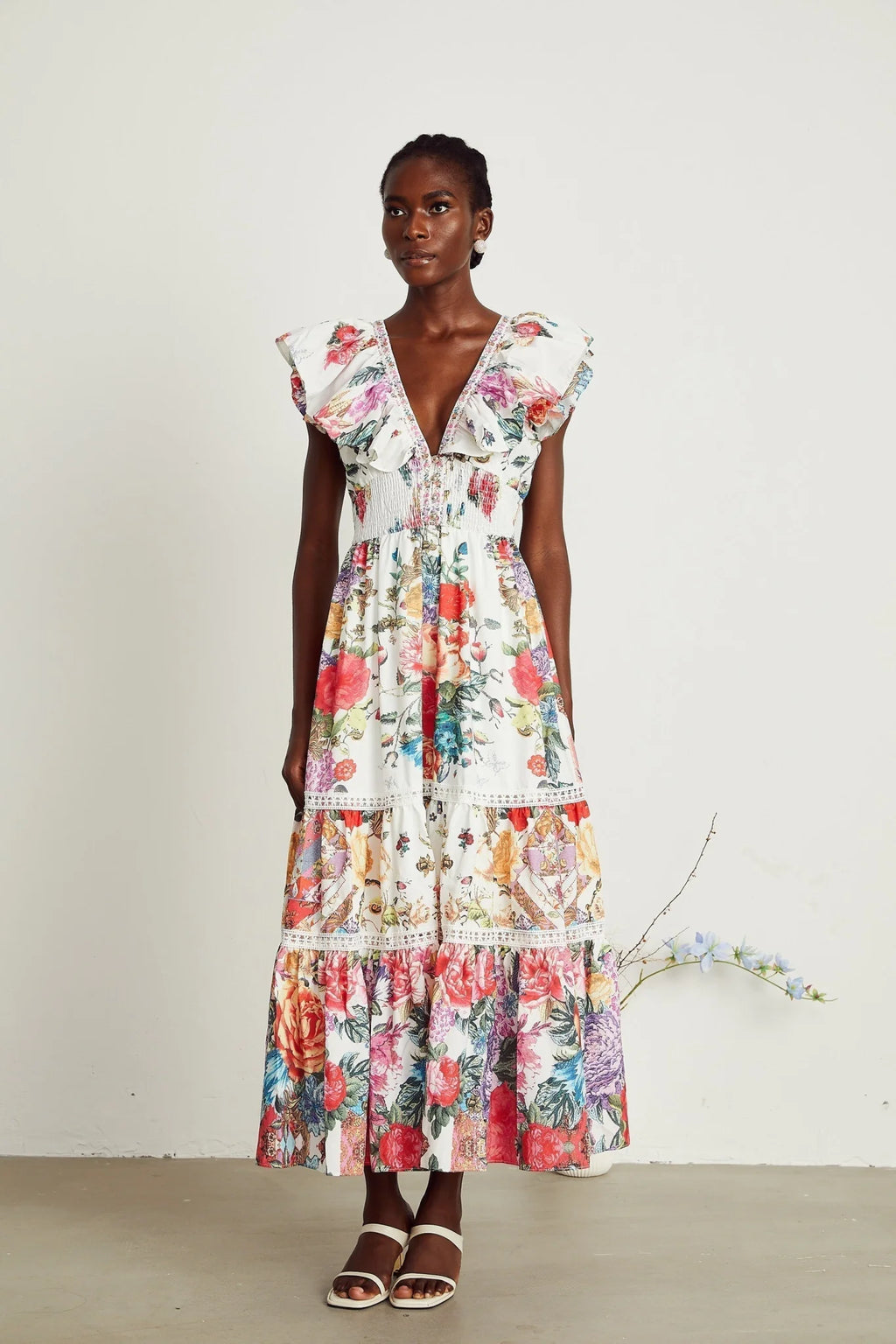 Jacqueline Floral Midi Dress Sleeveless with Ruffled Detailing & VNeck Style