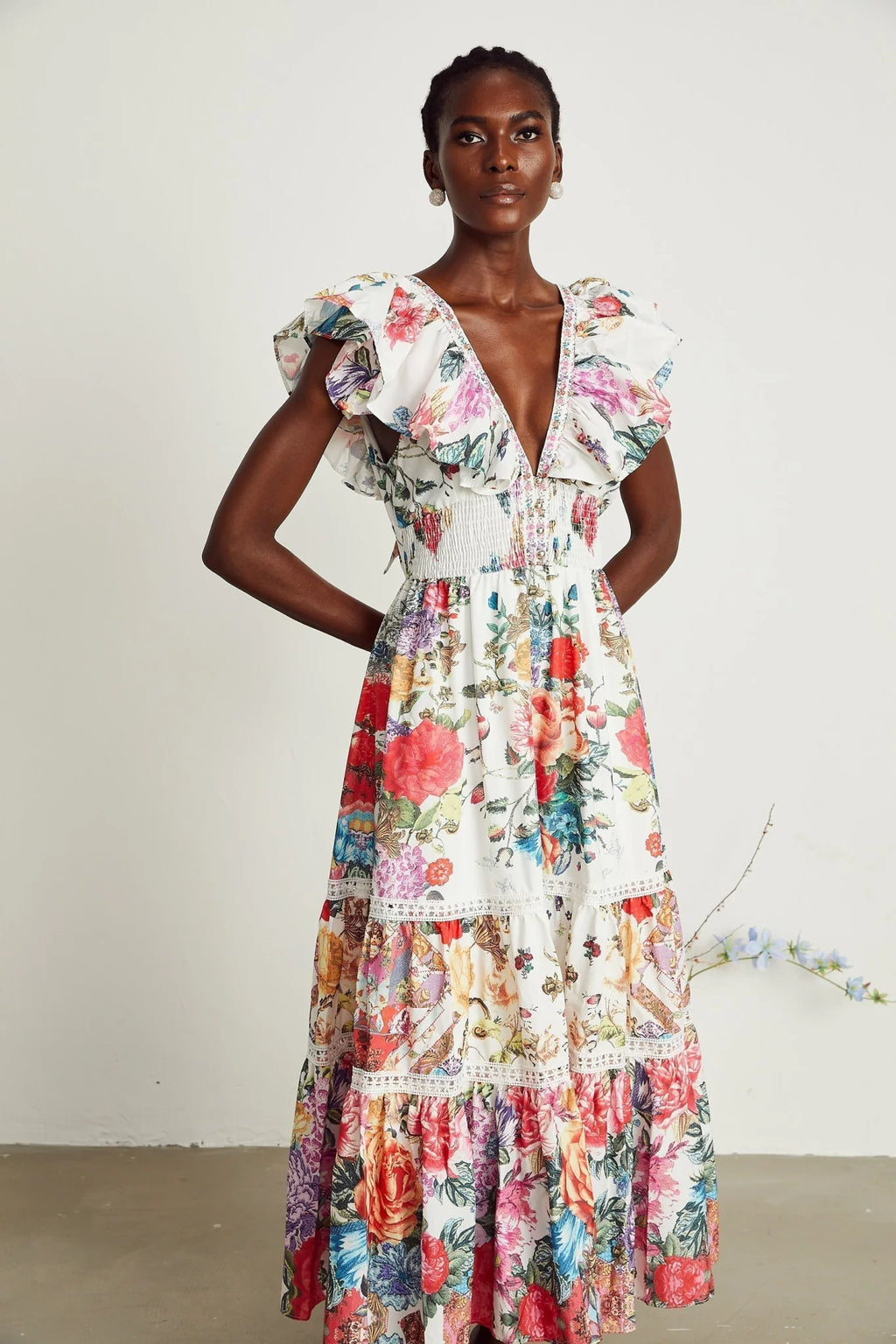 Jacqueline Floral Midi Dress Sleeveless with Ruffled Detailing & VNeck Style