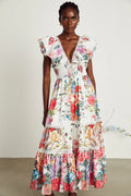 Jacqueline Floral Midi Dress Sleeveless with Ruffled Detailing & VNeck Style