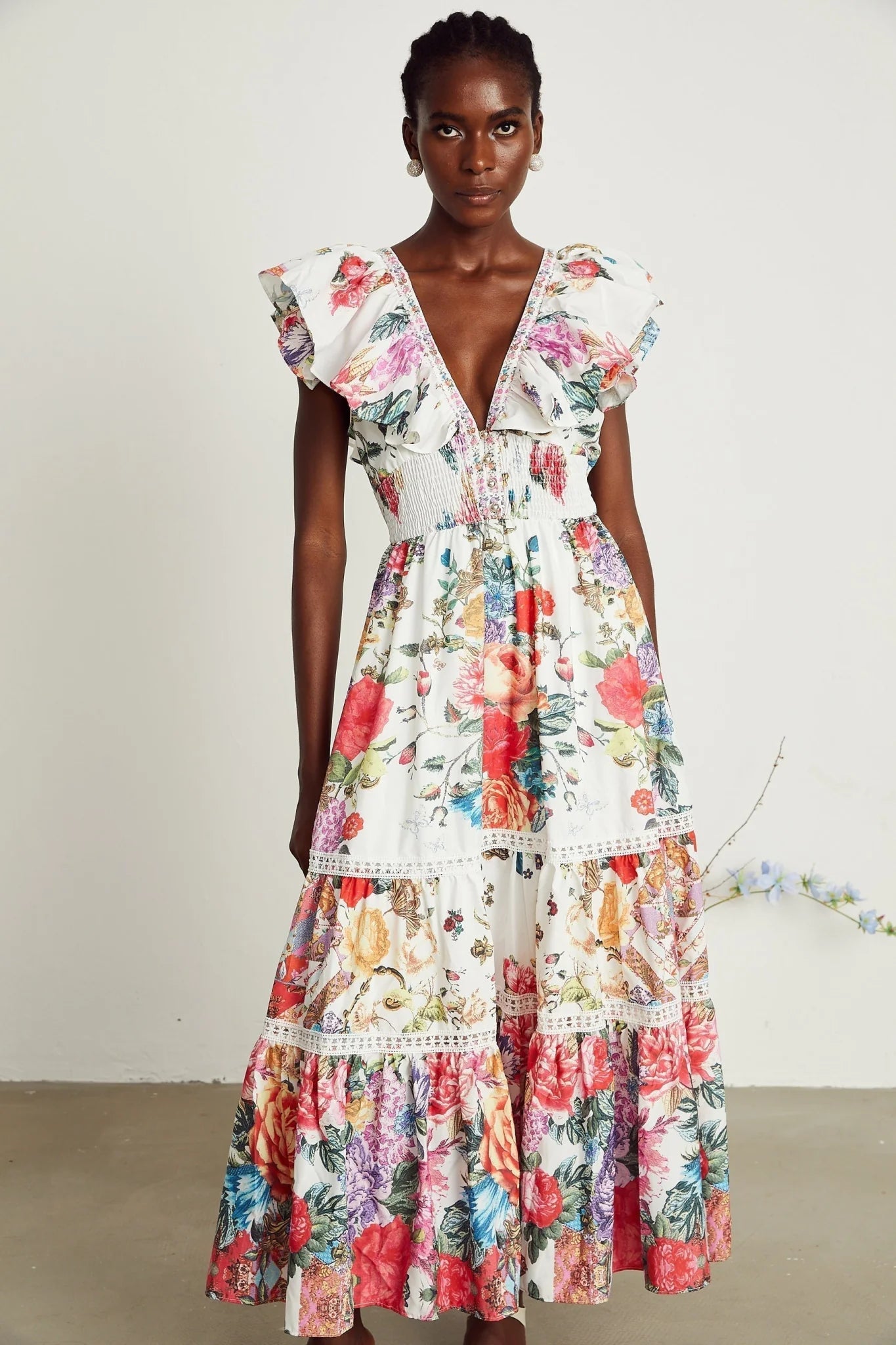 Jacqueline Floral Midi Dress Sleeveless with Ruffled Detailing & VNeck Style
