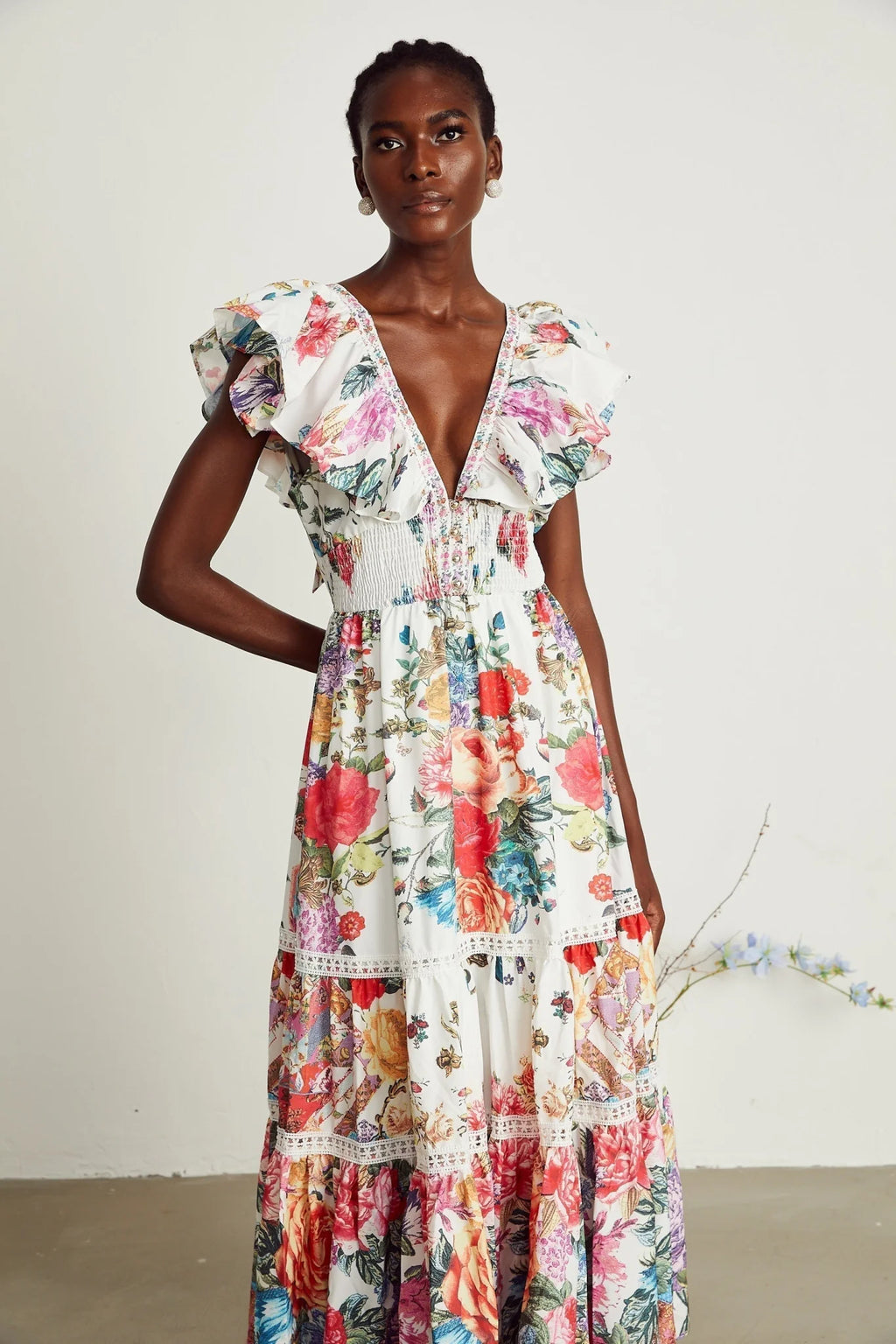 Jacqueline Floral Midi Dress Sleeveless with Ruffled Detailing & VNeck Style