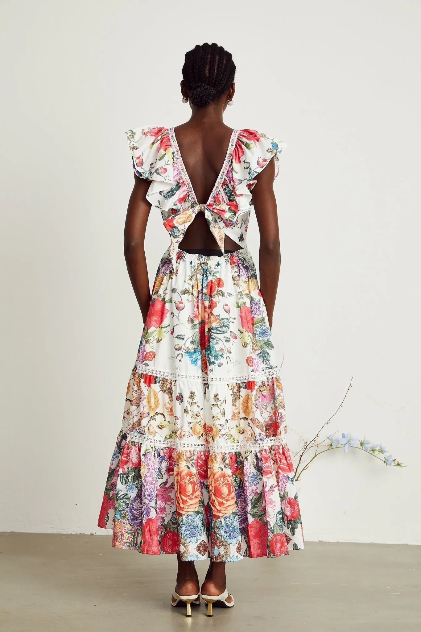 Jacqueline Floral Midi Dress Sleeveless with Ruffled Detailing & VNeck Style