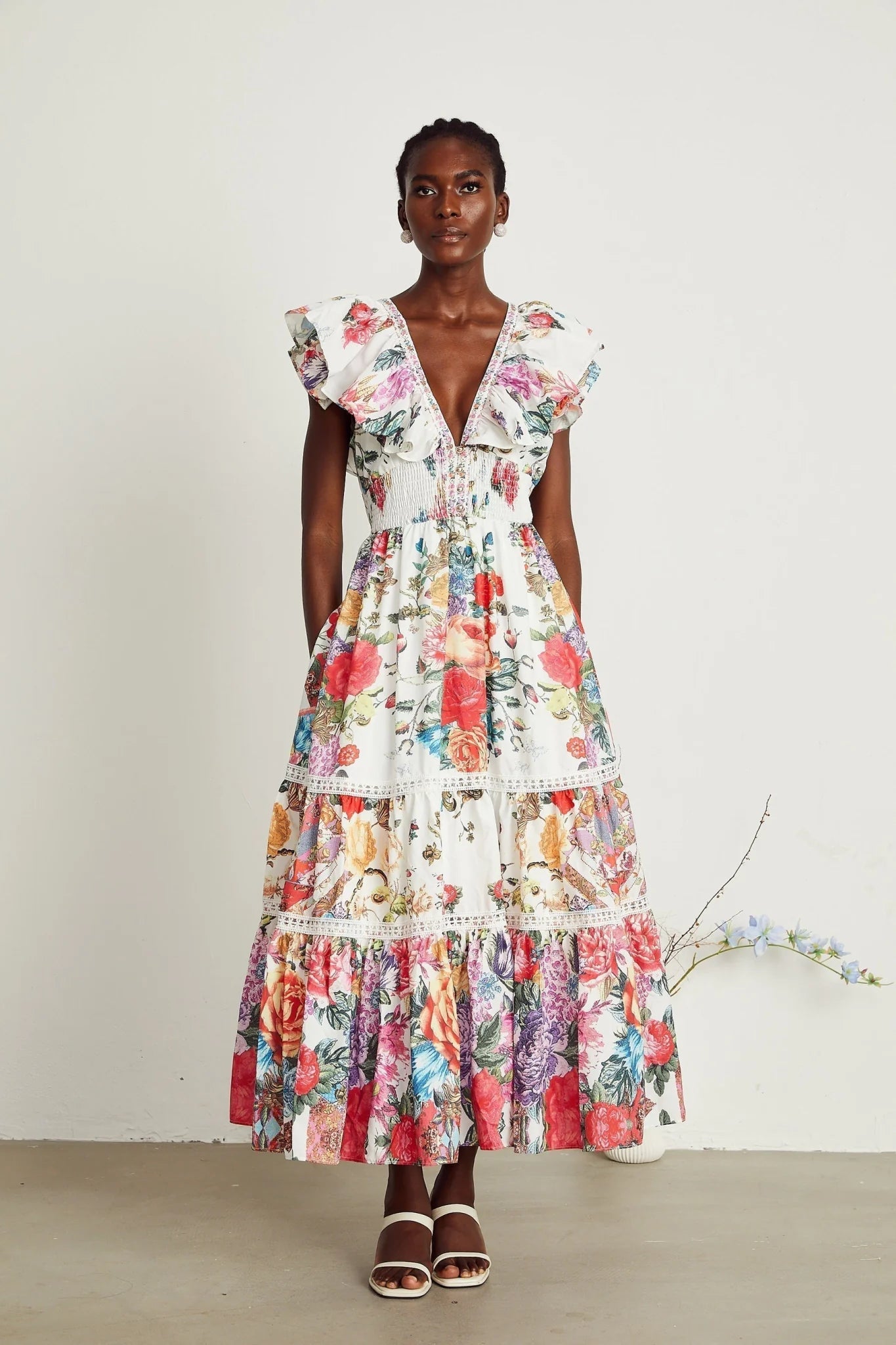 Jacqueline Floral Midi Dress Sleeveless with Ruffled Detailing & VNeck Style