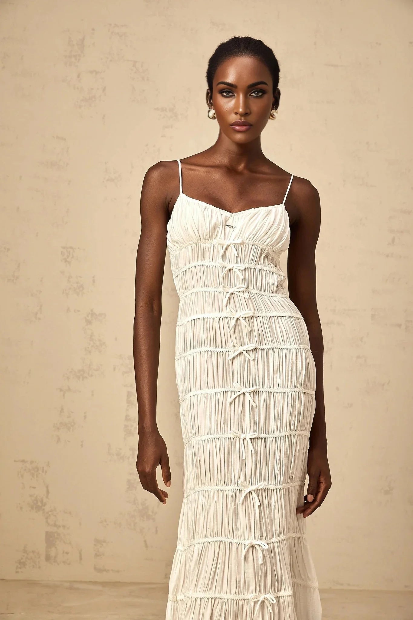Jacqueline Maxi Dress White Bow Smocked Embellished Flared Hem & Spaghetti Straps