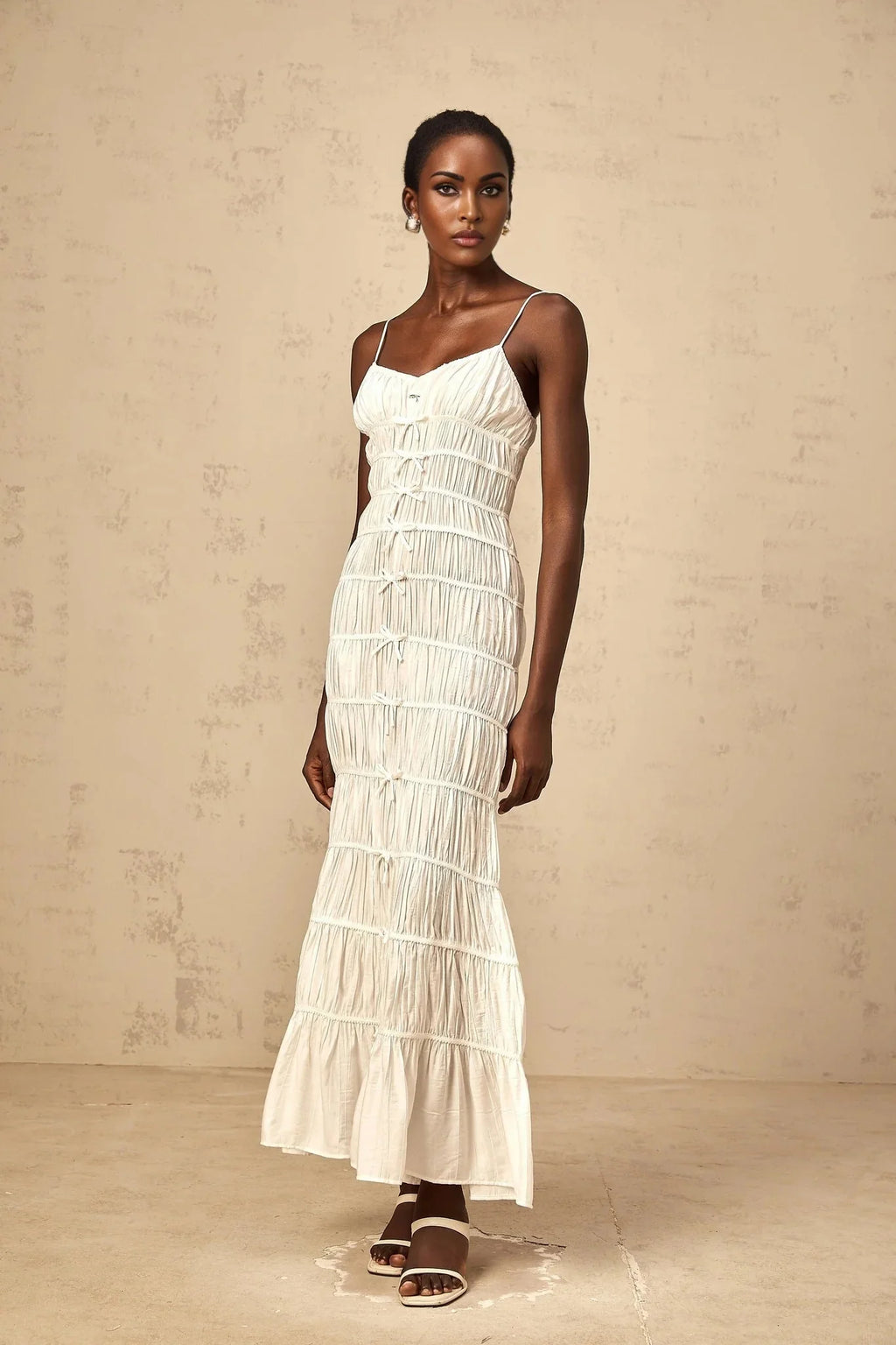 Jacqueline Maxi Dress White Bow Smocked Embellished Flared Hem & Spaghetti Straps