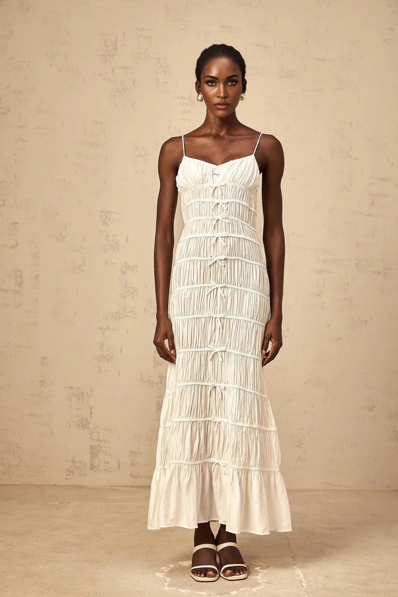 Jacqueline Maxi Dress White Bow Smocked Embellished Flared Hem & Spaghetti Straps