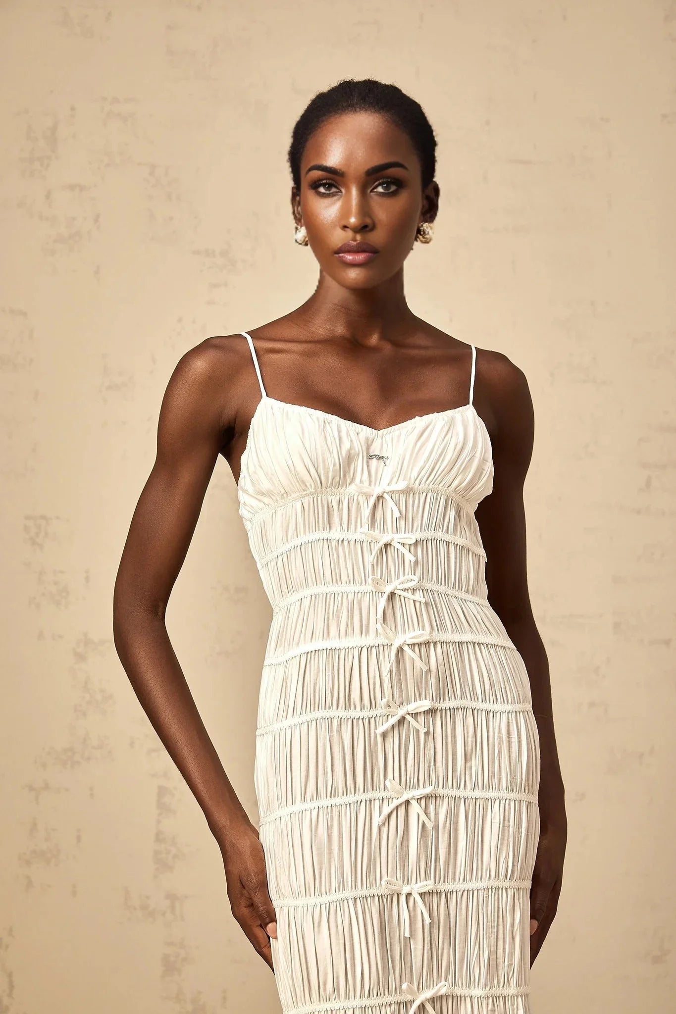 Jacqueline Maxi Dress White Bow Smocked Embellished Flared Hem & Spaghetti Straps