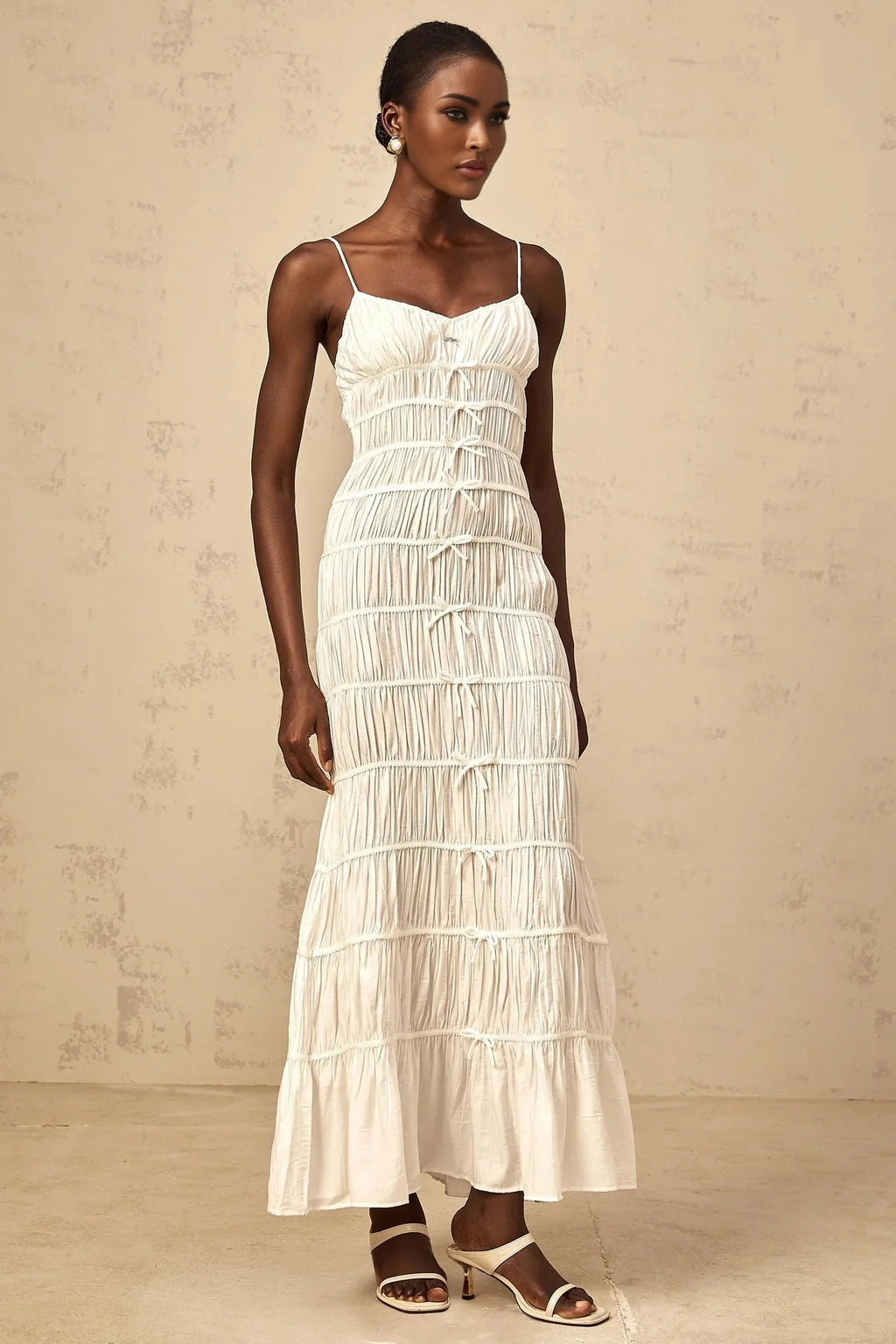 Jacqueline Maxi Dress White Bow Smocked Embellished Flared Hem & Spaghetti Straps