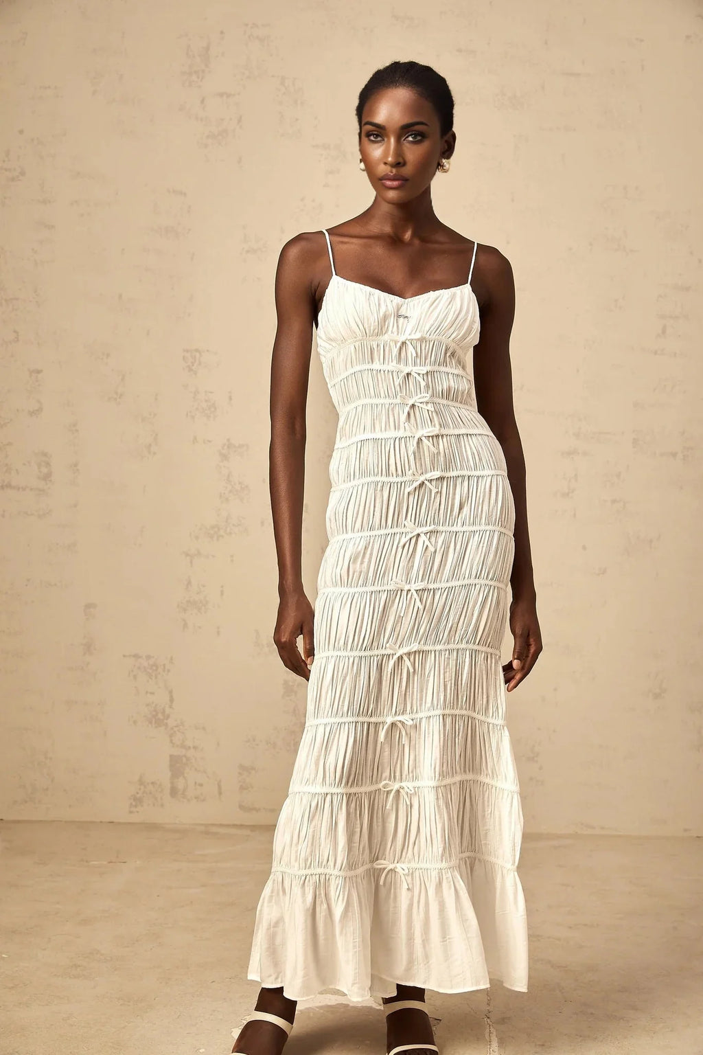 Jacqueline Maxi Dress White Bow Smocked Embellished Flared Hem & Spaghetti Straps