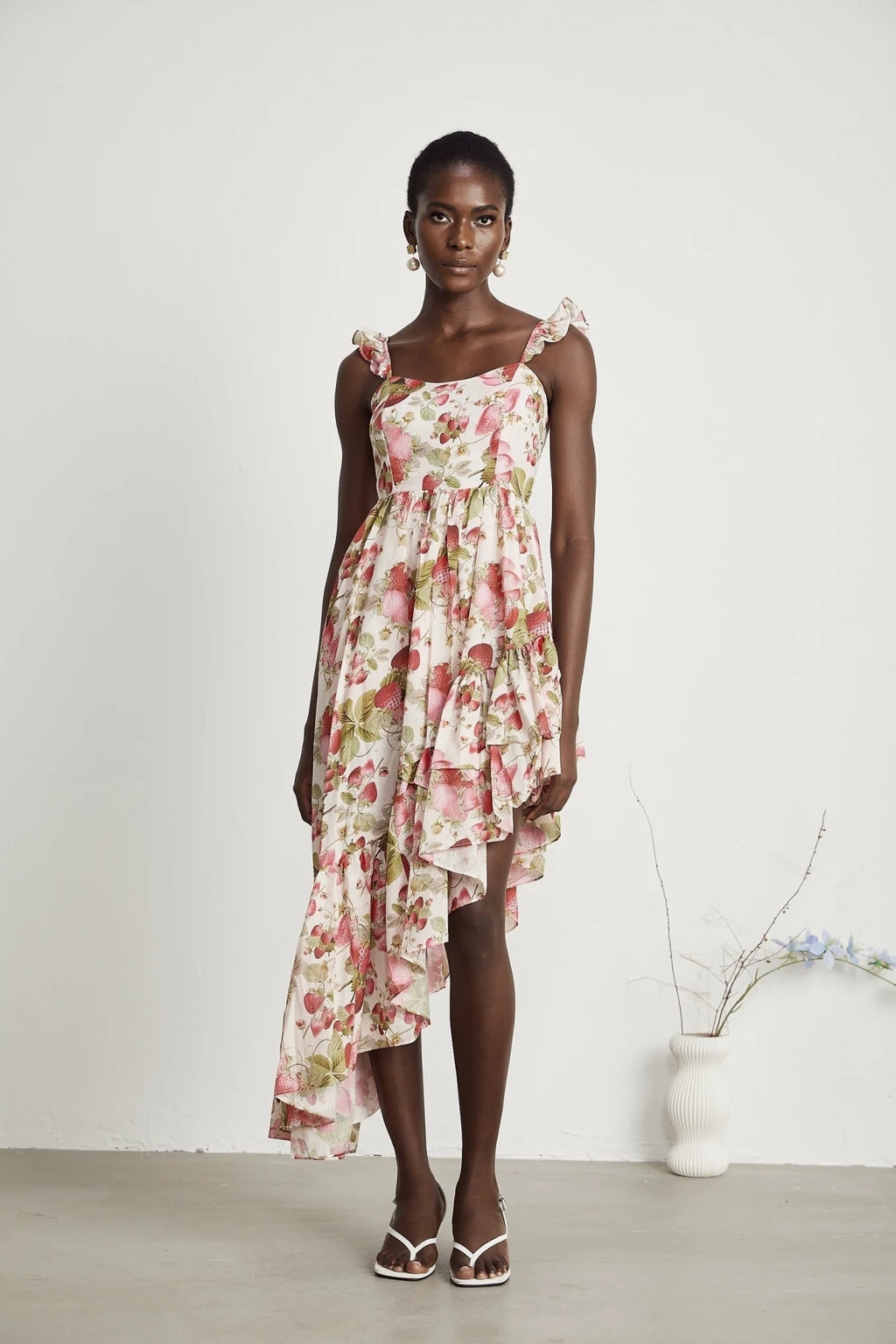 Jada Midi Dress Strawberry Print Asymmetric White & Multicolor